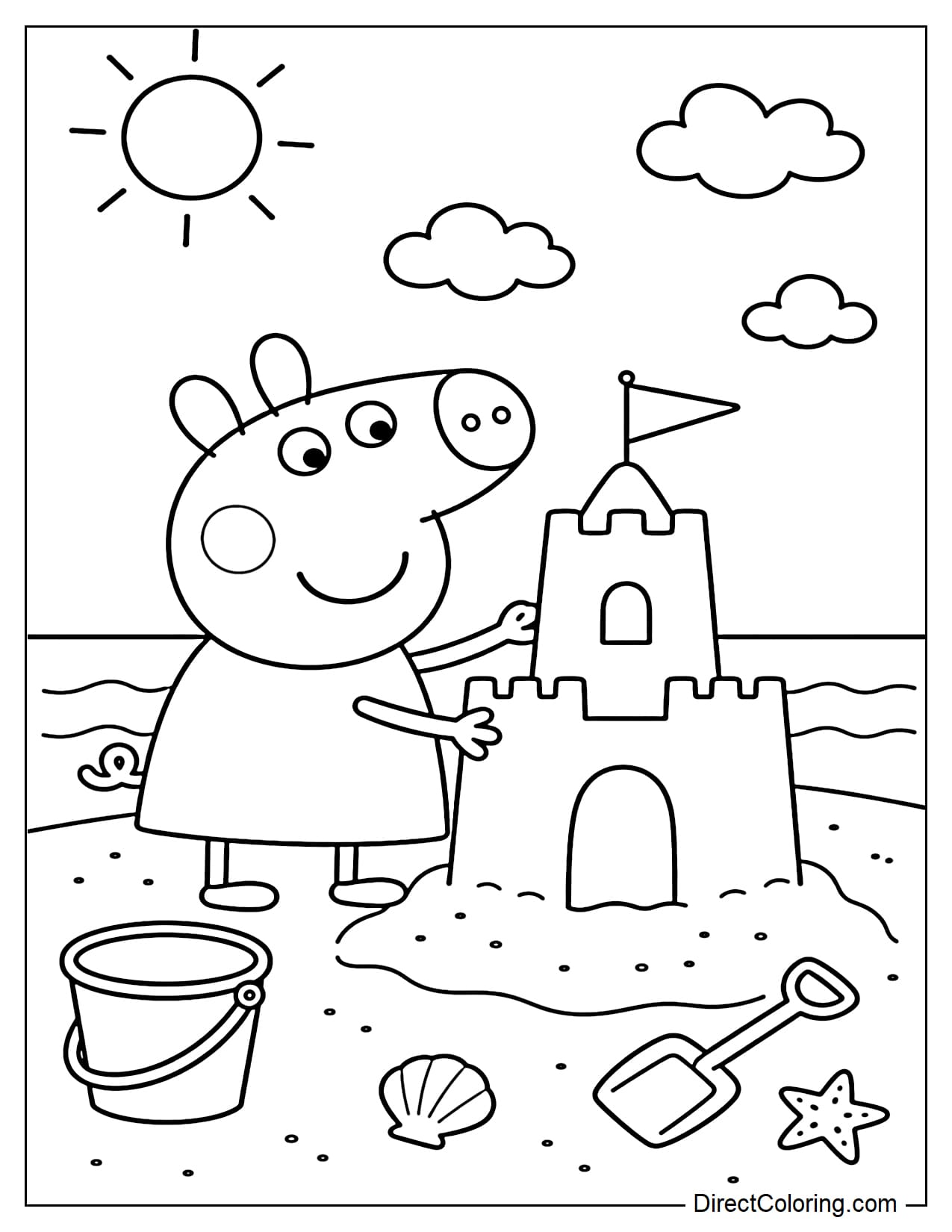 Peppa Pig builds a sandcastle on the beach in summer, with a bucket of sand and a small shovel beside her, and the sun and some clouds in the background.