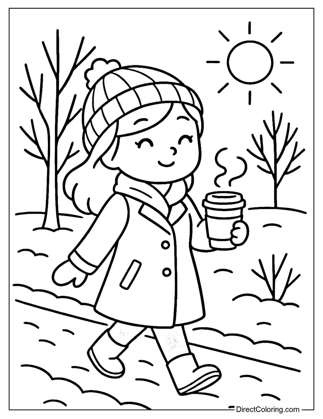 Coloring page of a young girl wearing a woolen hat and a long coat, holding a cup of hot coffee, walking on a snow-covered road in the early morning.