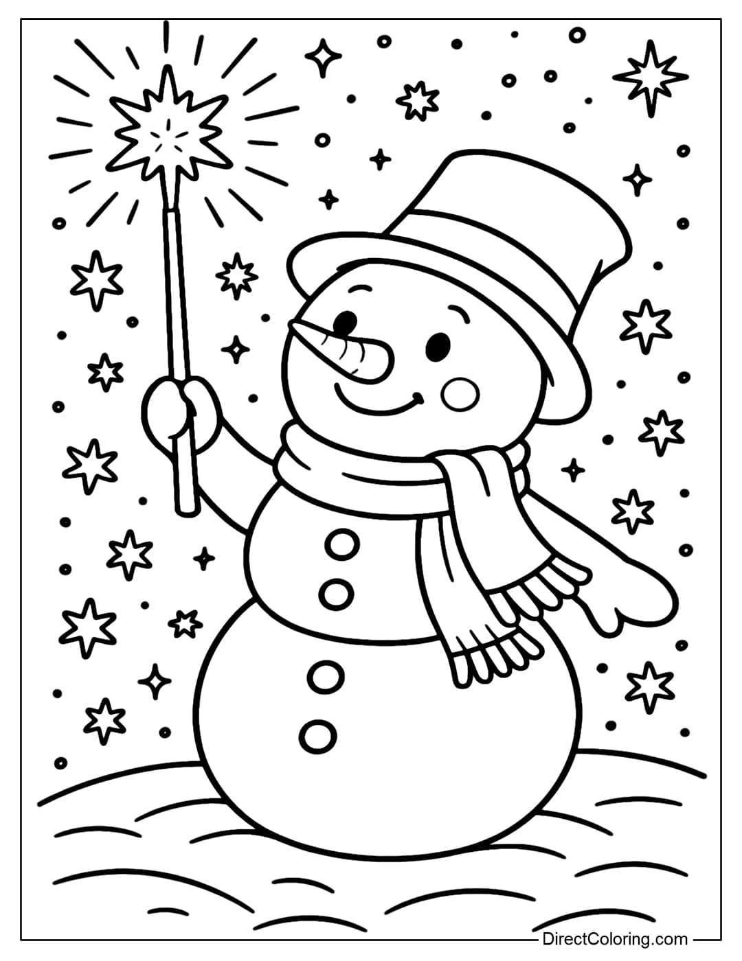 A magical snowman coloring page holding a glowing snow stick, creating star-shaped snowflakes flying around.