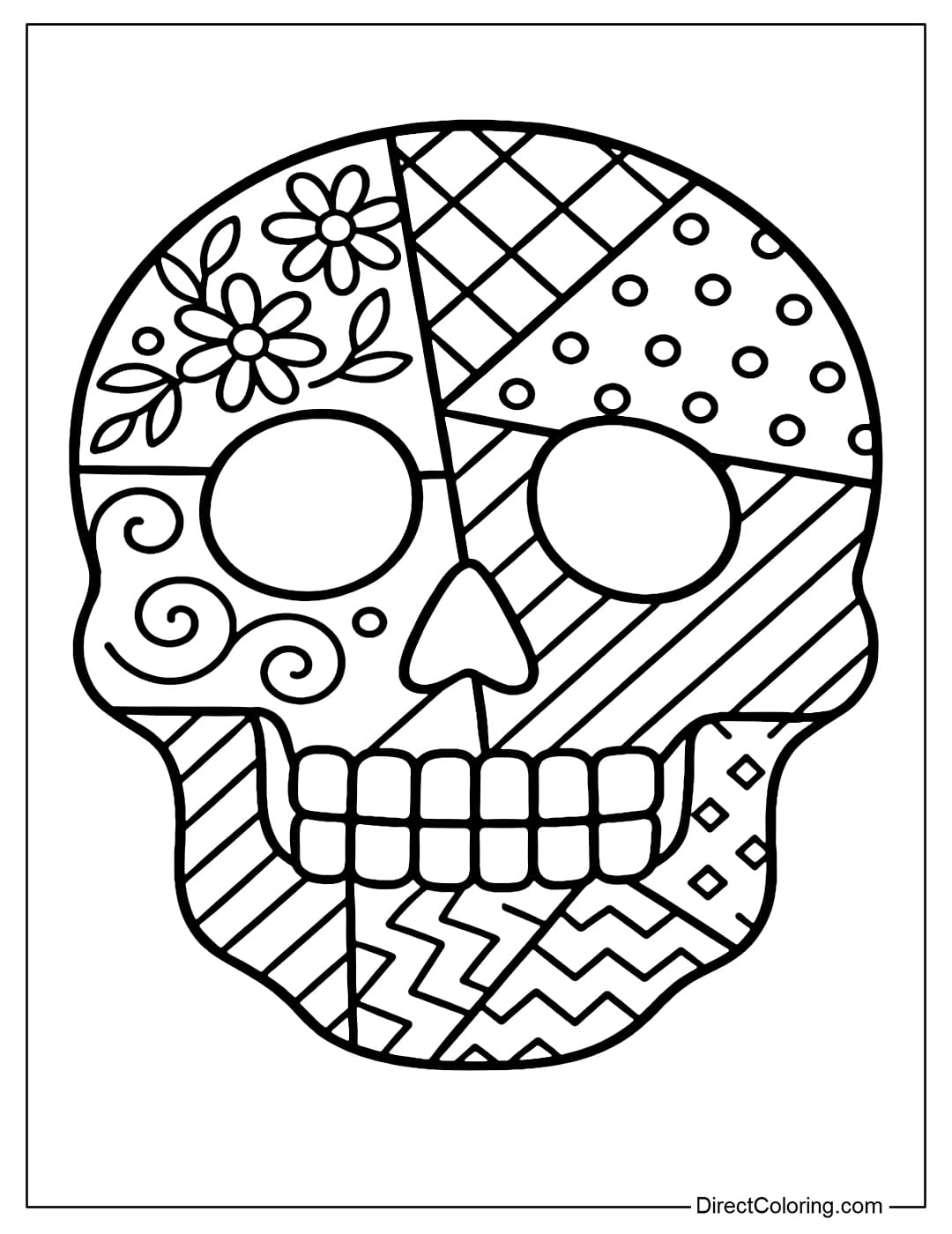 Halloween skull coloring page, facial bones divided into many patchwork panels, with floral and geometric patterns.