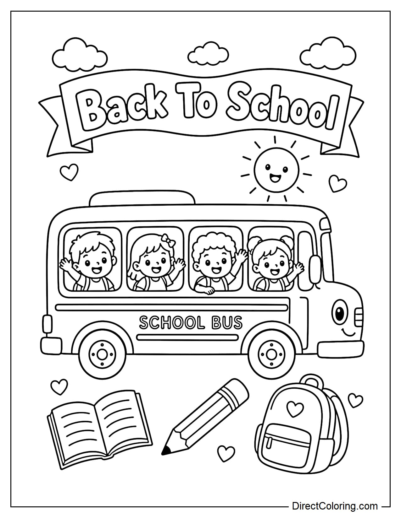 A cute school bus with waving children is passing by, with a large banner on top that says 