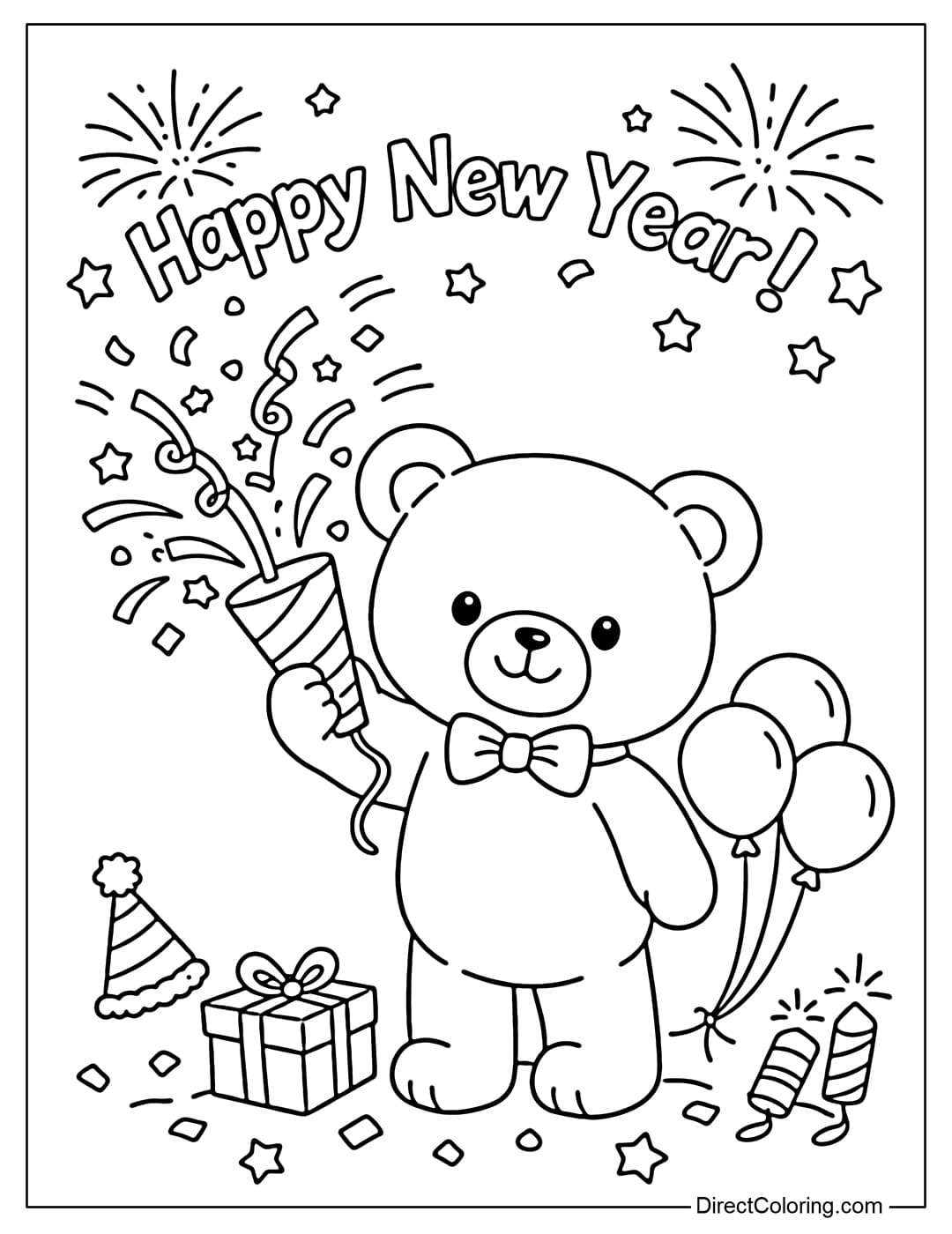 Coloring page of a teddy bear holding confetti cannons to celebrate the New Year.