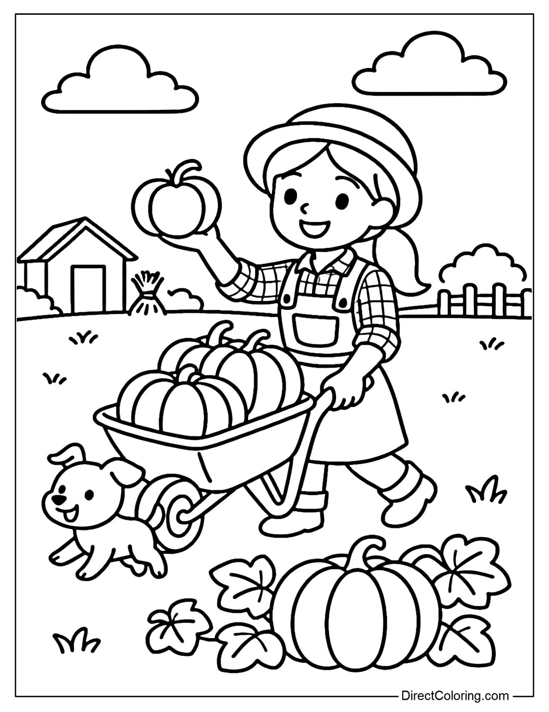 a coloring page of a farm girl harvesting pumpkins, a wheelbarrow full of pumpkins, a dog running around.