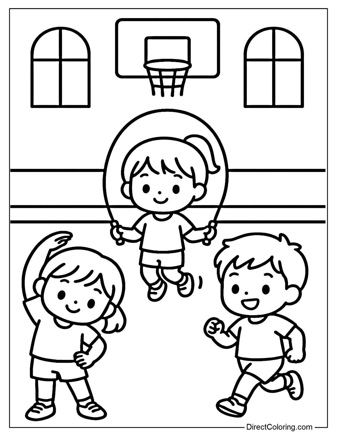 A coloring page of students warming up with stretching, jumping rope, and running in place in the gym.