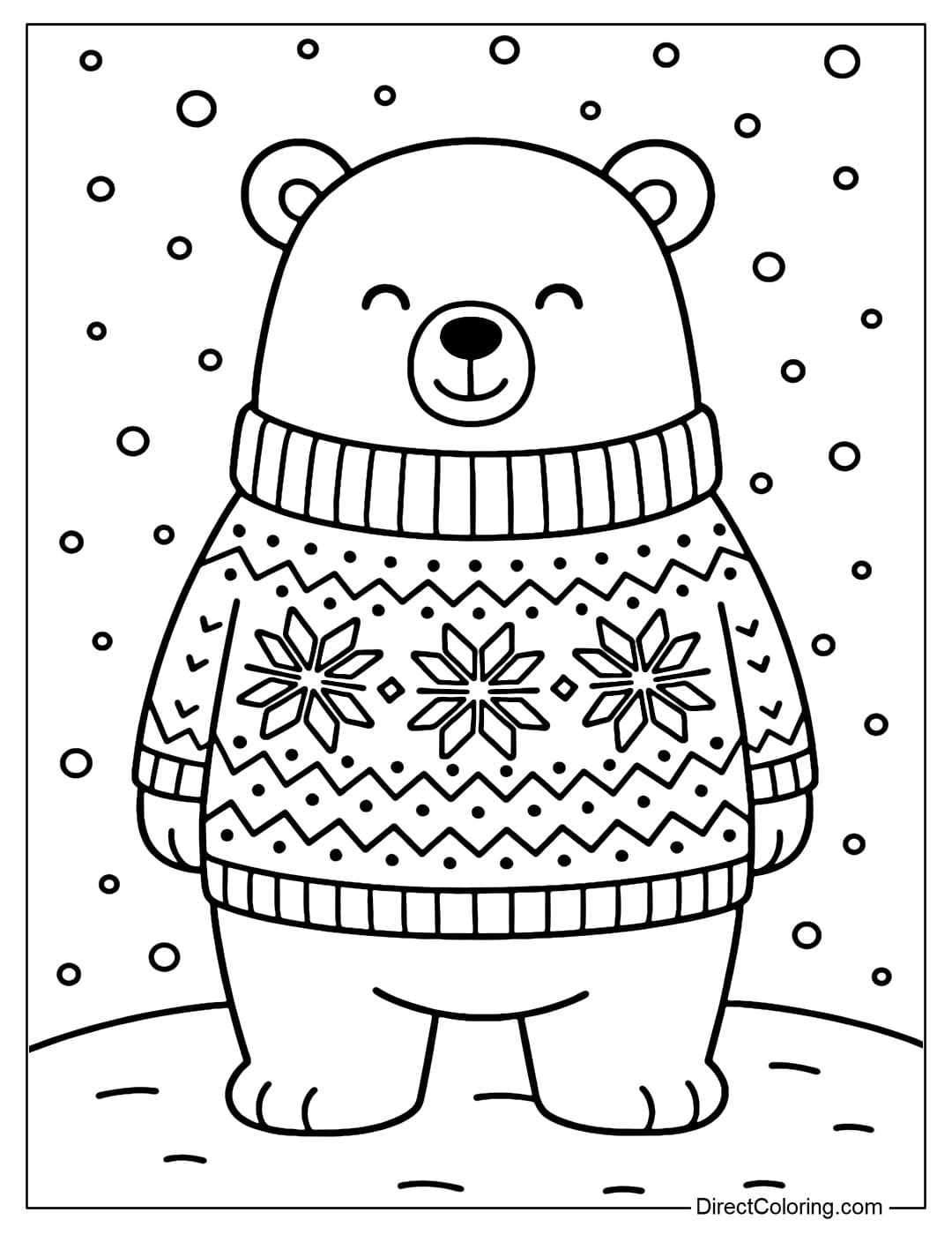 Coloring page of a polar bear wearing a Nordic sweater, standing in the falling snow.