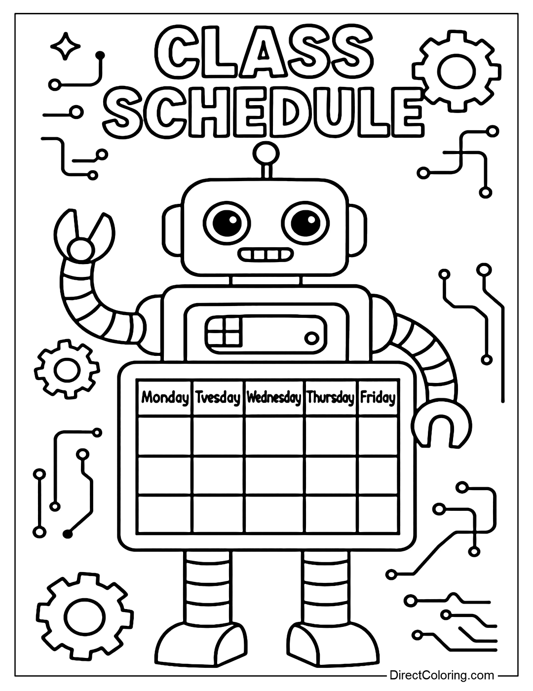 Technology robot schedule coloring page - organize your school day like a smart machine.