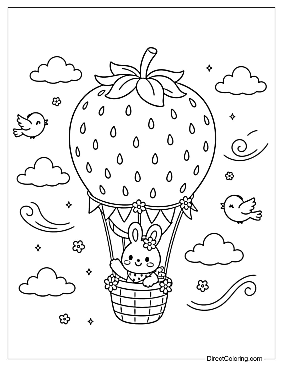 A coloring page of a strawberry-shaped hot air balloon flying in the sky.