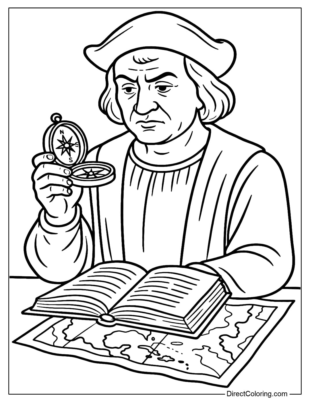 Coloring page of Columbus looking intently at an ancient compass, with an open book and a map beside him.