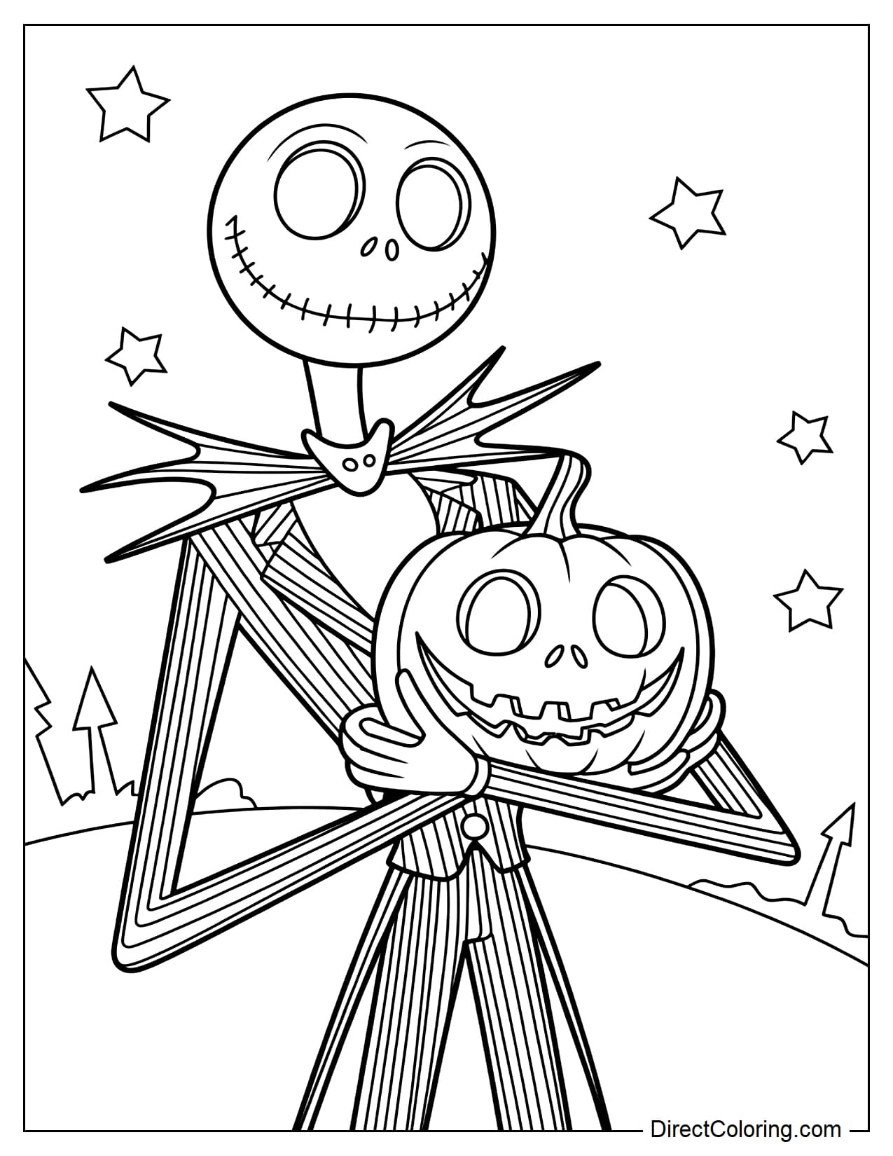 Jack Skellington shown from the waist up, holding a large pumpkin lantern against his chest with both hands, with a few stars and a small curved line in the background.