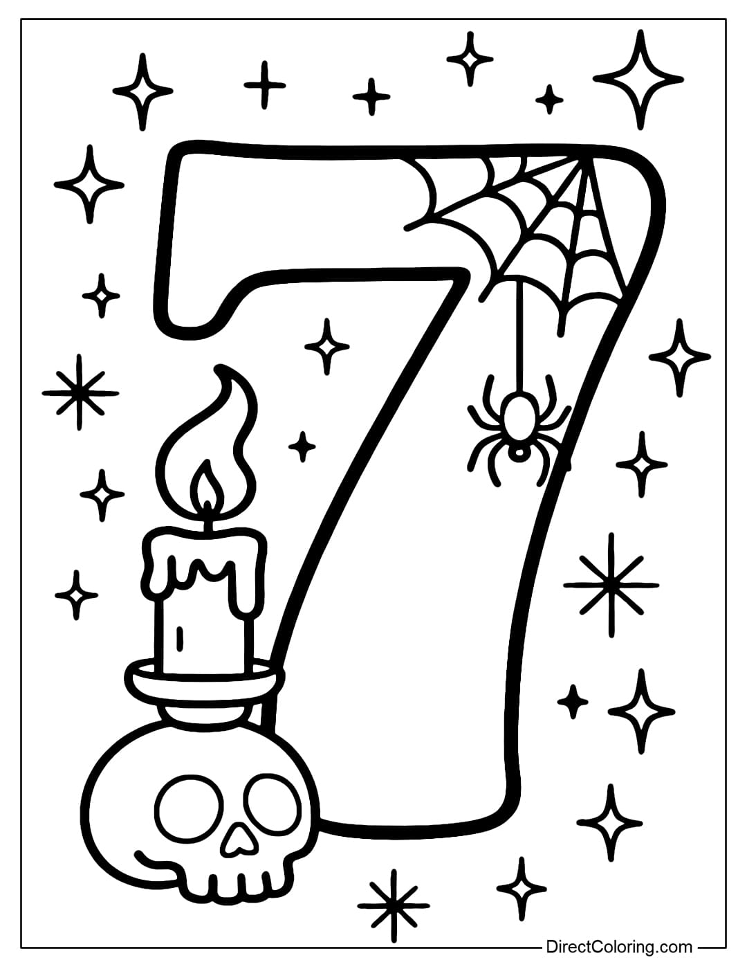 Halloween number 7 coloring page has a large spider web in the upper corner, in the middle of the web is a small spider wearing a witch hat. At the foot of the number is a boiling potion.