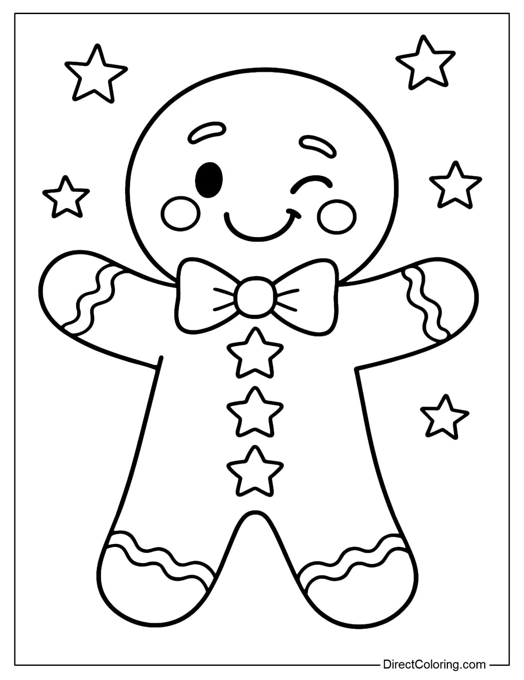 A gingerbread man coloring page with three star-shaped buttons, wavy lines around his arms and legs, and a large bow around his neck.