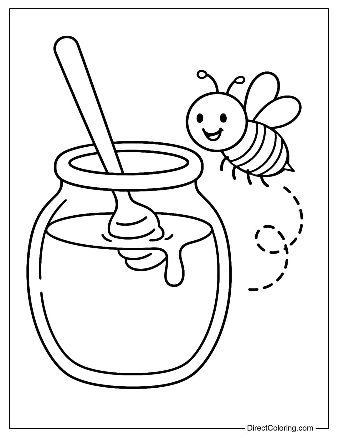 Coloring page with a large honey jar, with a wooden spoon inserted, next to it is a lovely bee flying, smiling brightly.