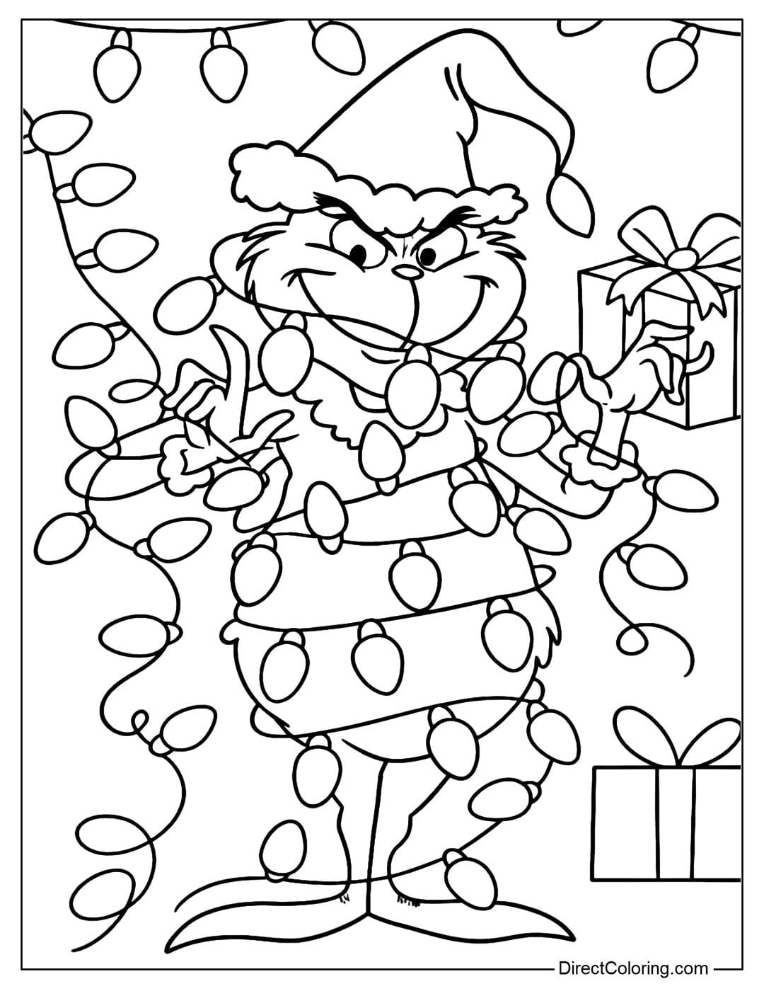 A Grinch coloring page where he's wrapped in twinkling Christmas lights, trying to untangle them but still grinning mischievously, with a background of twinkling lights and a Christmas decoration box.