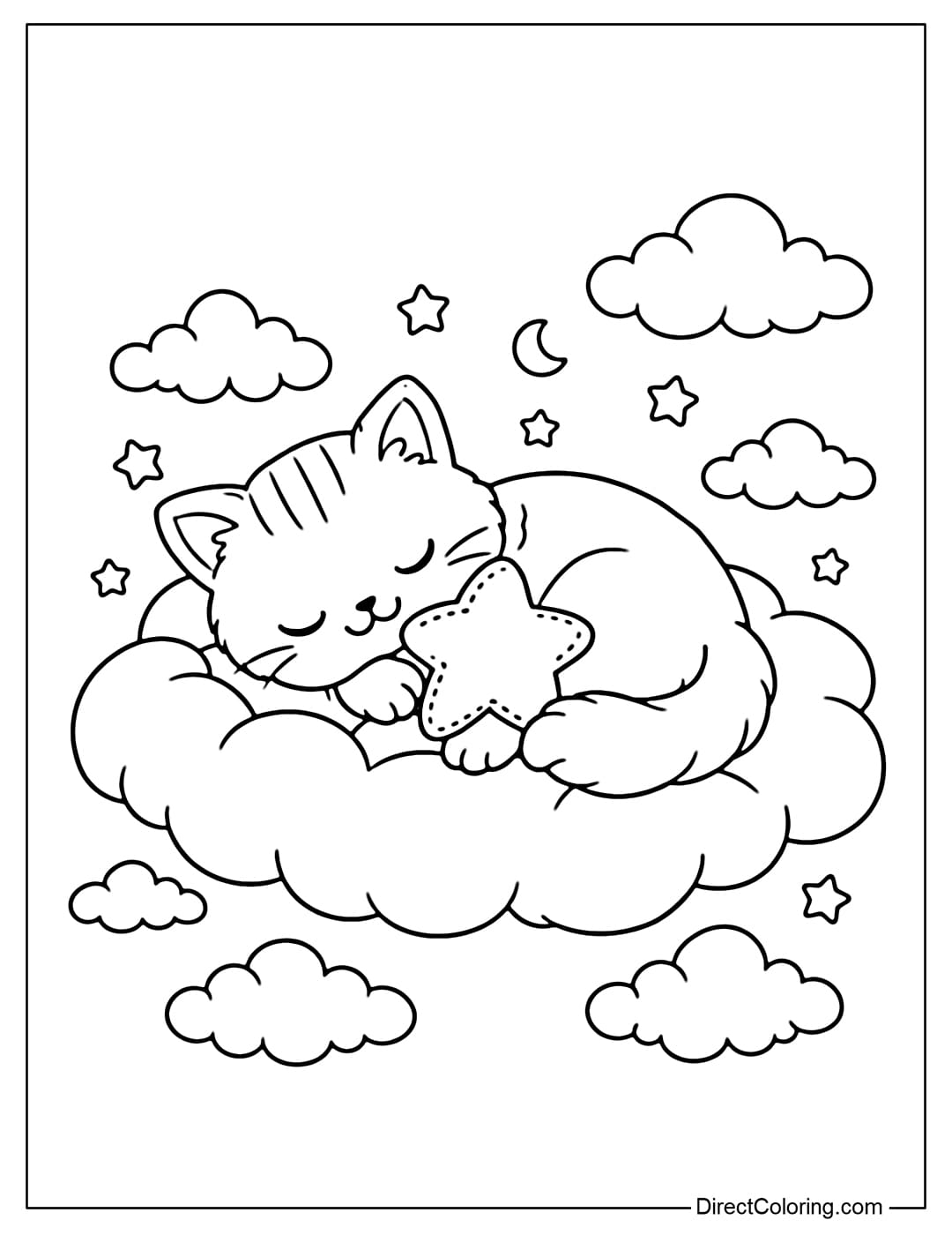 A coloring page featuring a soft, round cloud with a sleeping kitten curled up on a star-shaped pillow.