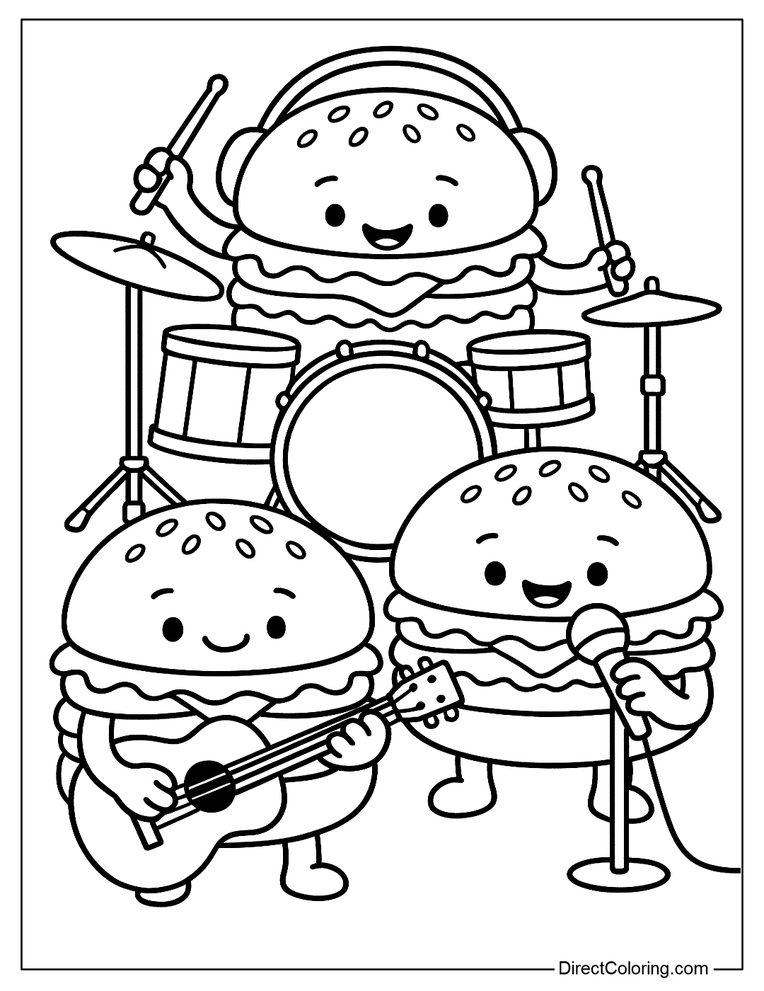 a coloring page of a band with hamburgers playing drums, guitars and microphones