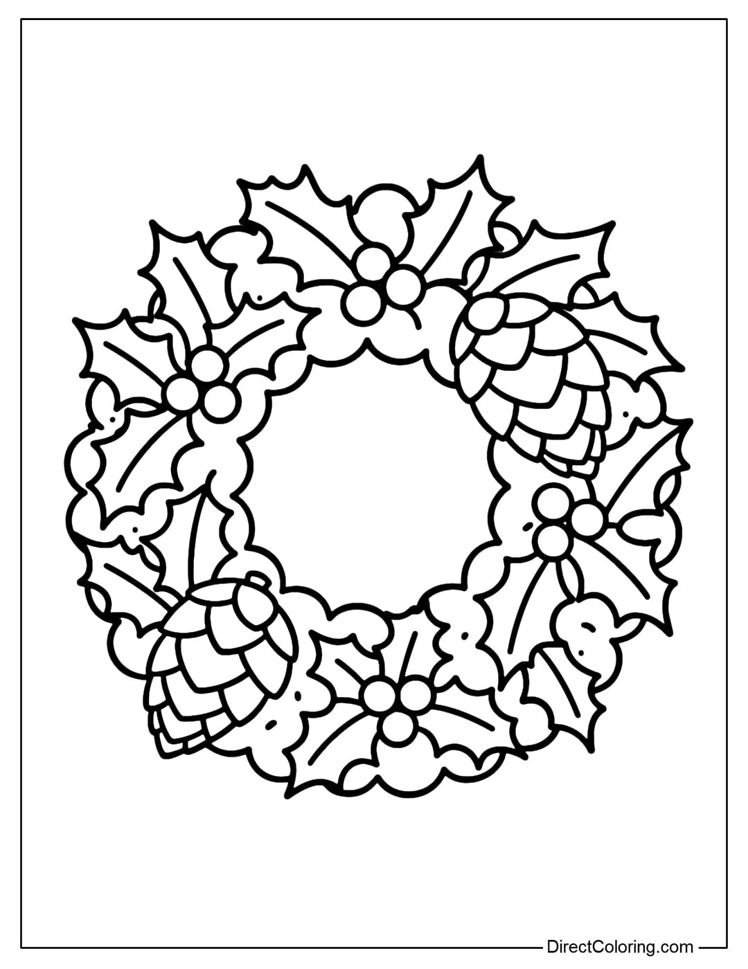 Pinecone Christmas Wreath Coloring Page Coloring page of a wreath made of long pine needles and large pine cones.