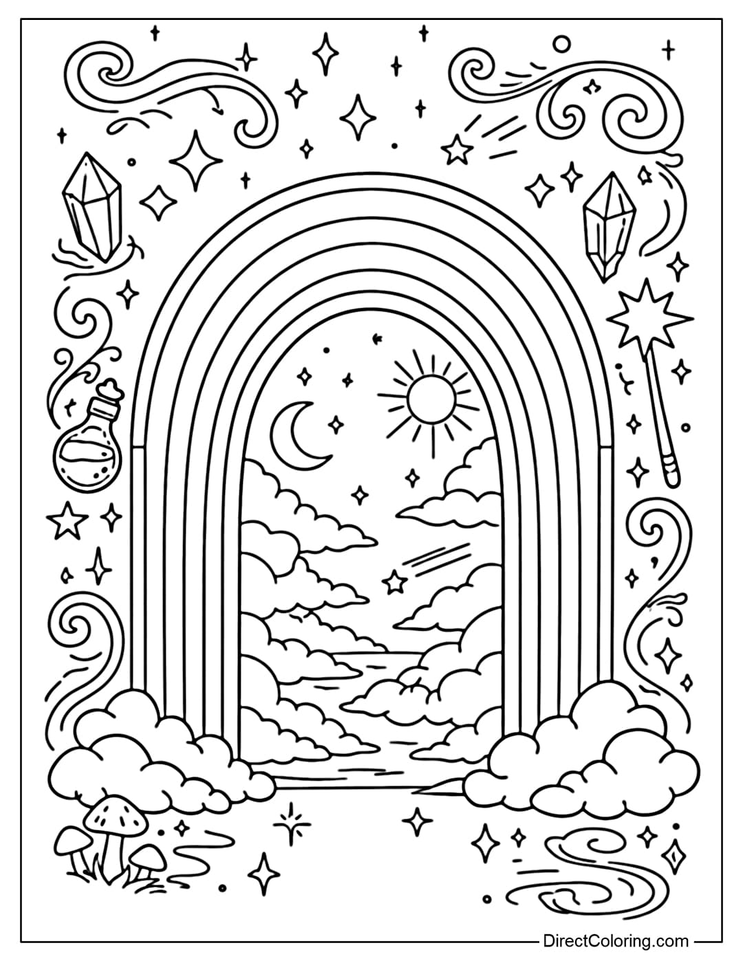 A coloring page of a rainbow like a magical portal opening to a dreamy sky, surrounded by stars and magical patterns.