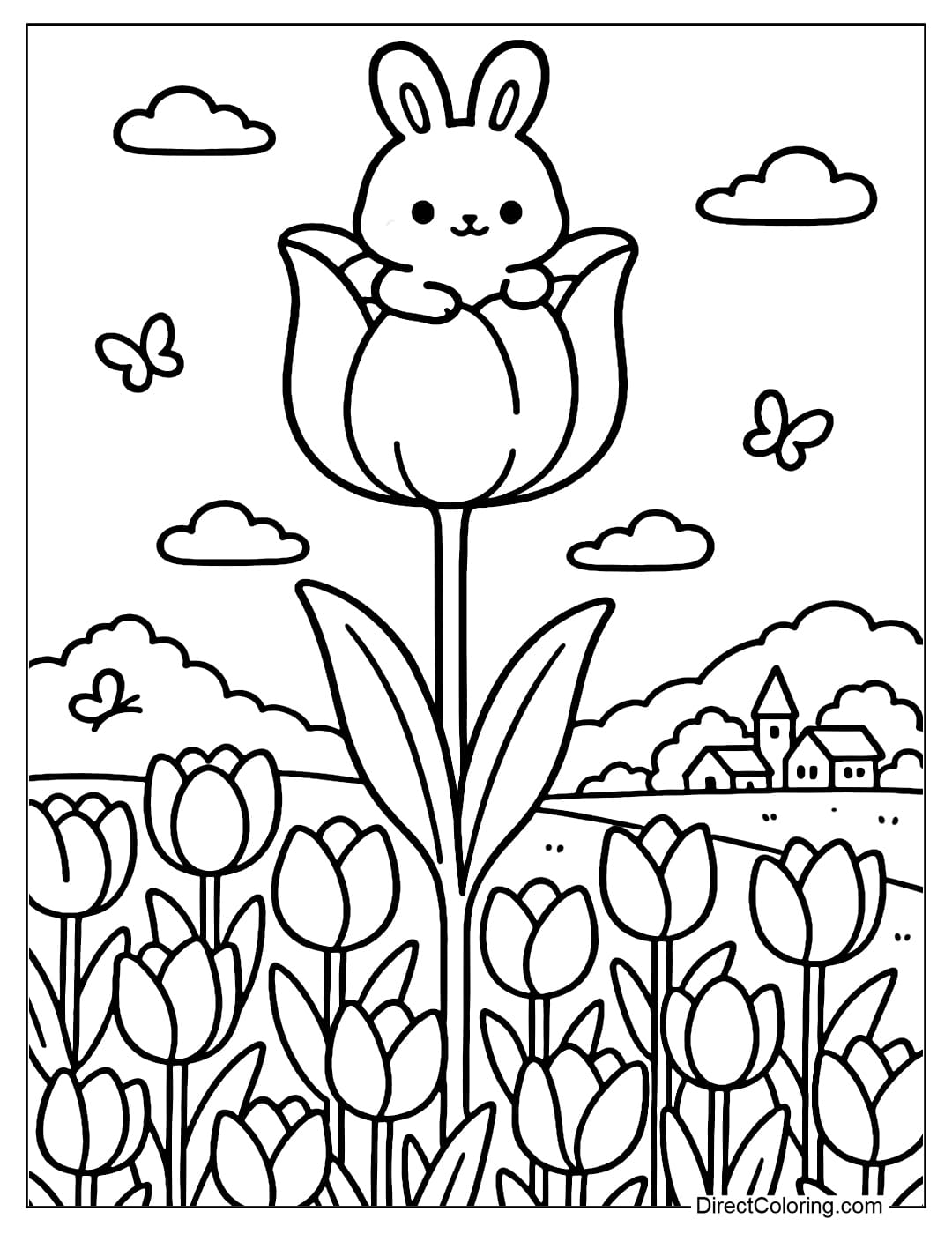 A coloring page of a baby rabbit sitting on a tulip tower.