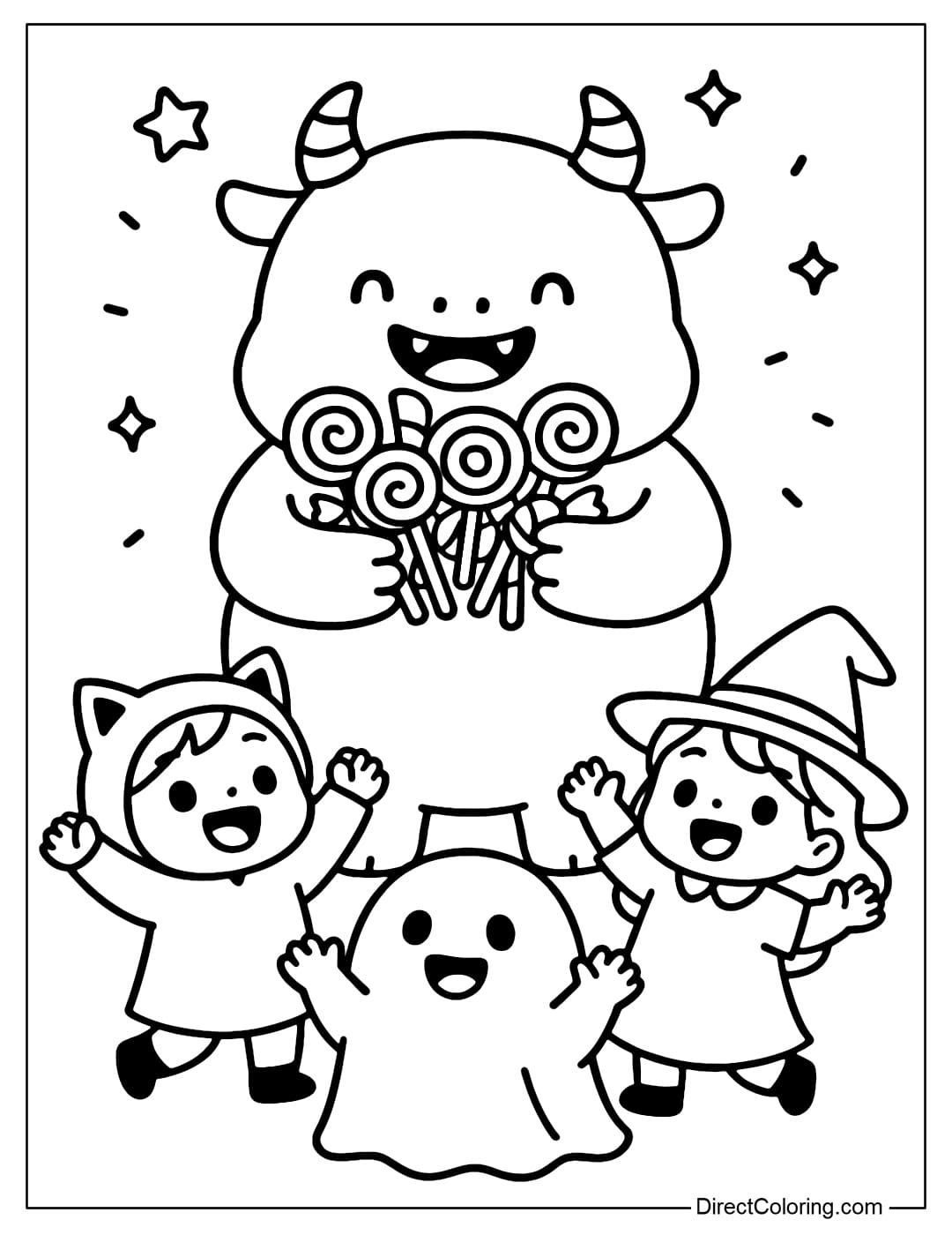 A cute little monster with a round belly, holding a lot of candy canes, surrounded by children in costumes.