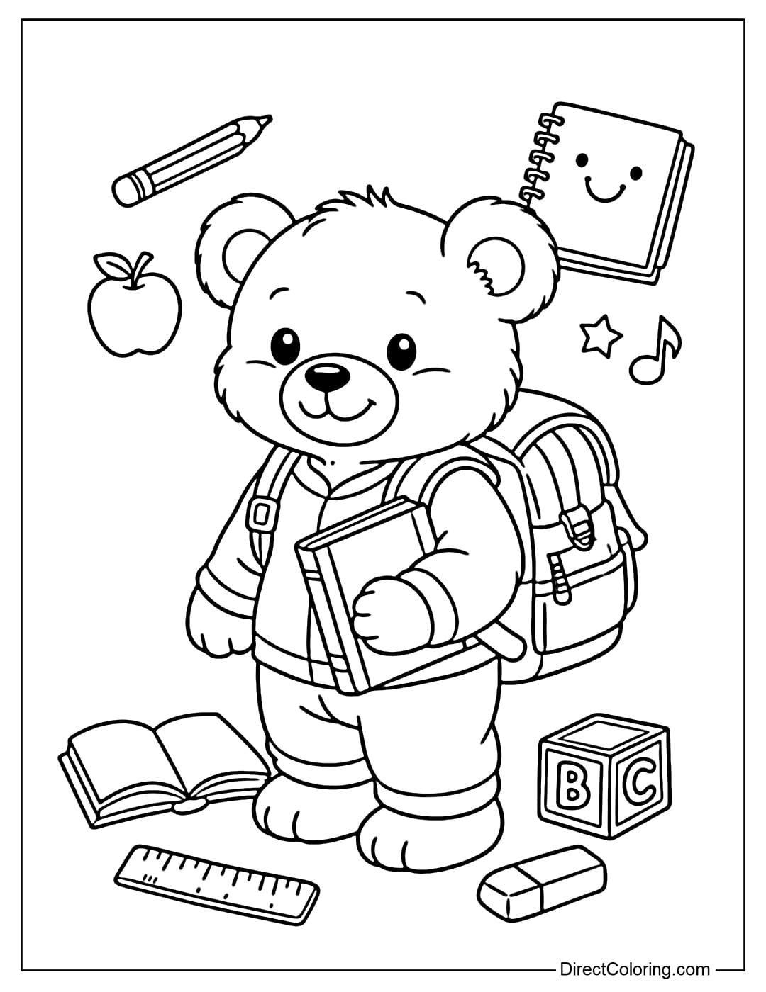 A coloring page featuring a teddy bear wearing a backpack, ready to go to school.