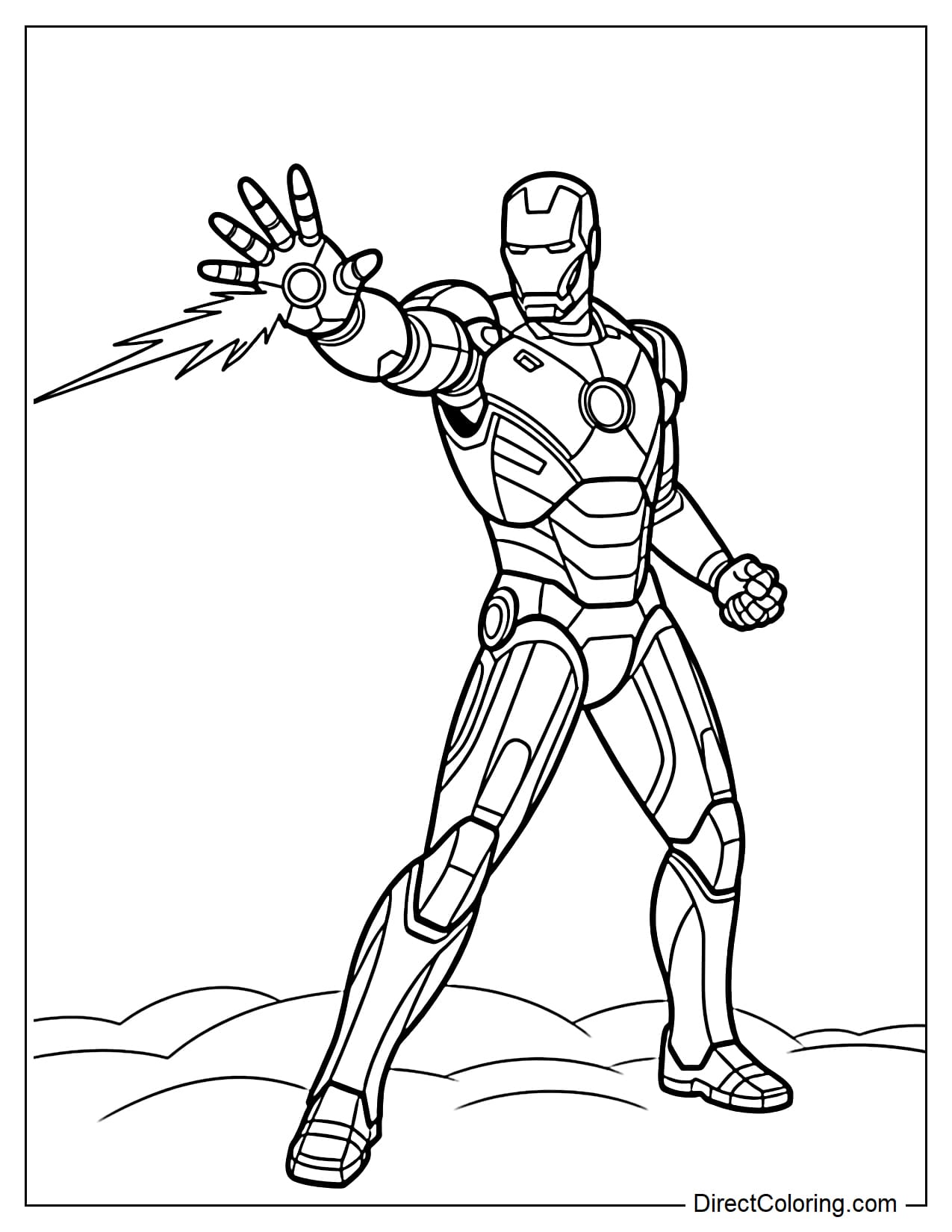 Iron Man stands and shoots a repulsor forward.