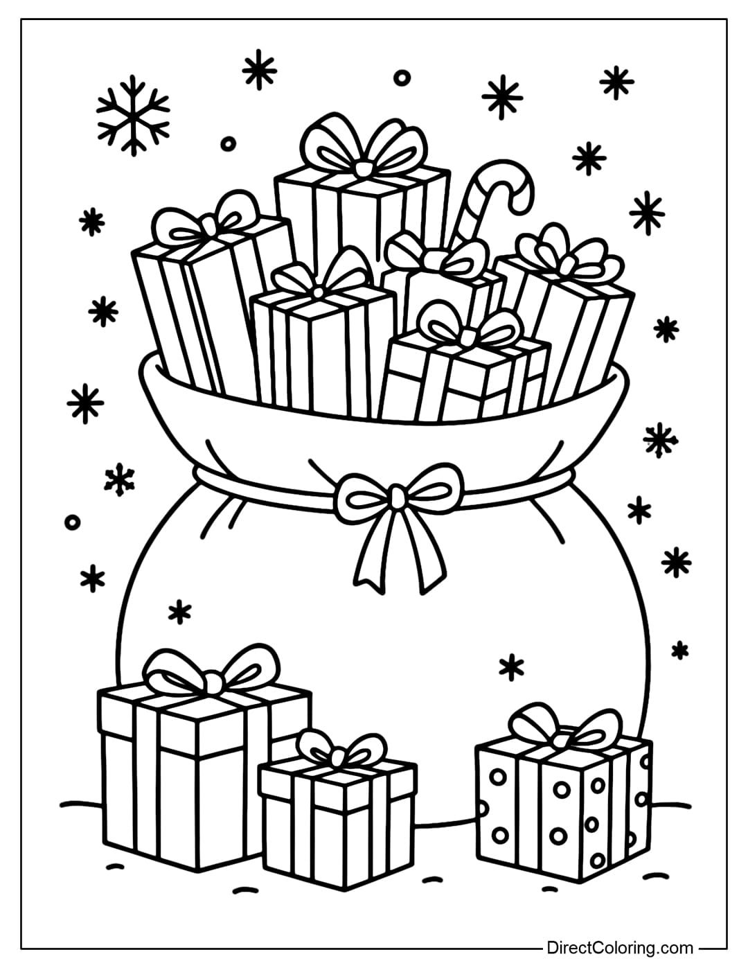 A large Christmas gift bag coloring page, filled with gift boxes wrapped in paper and bows of various styles, some boxes tilted outwards.