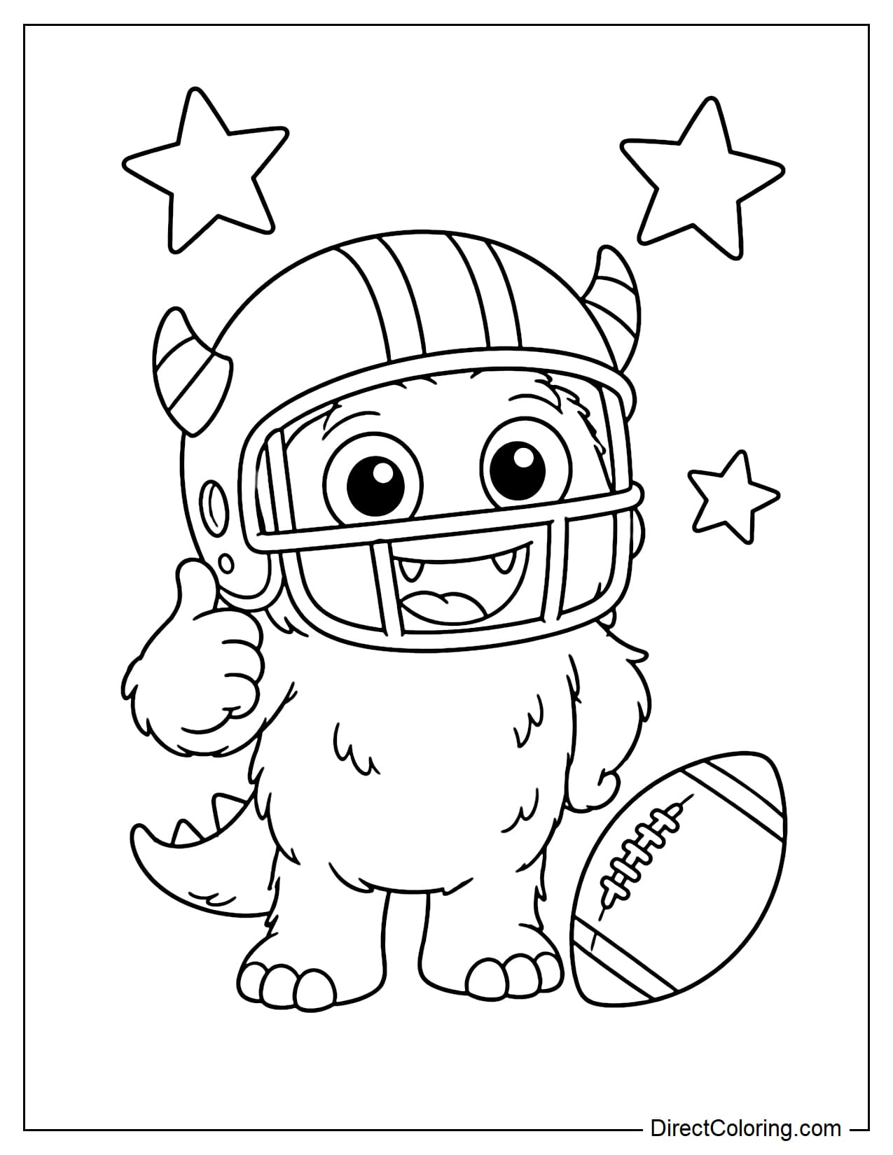 A friendly little monster wears a football helmet and gives a thumbs-up, with a football and several large stars beside it.