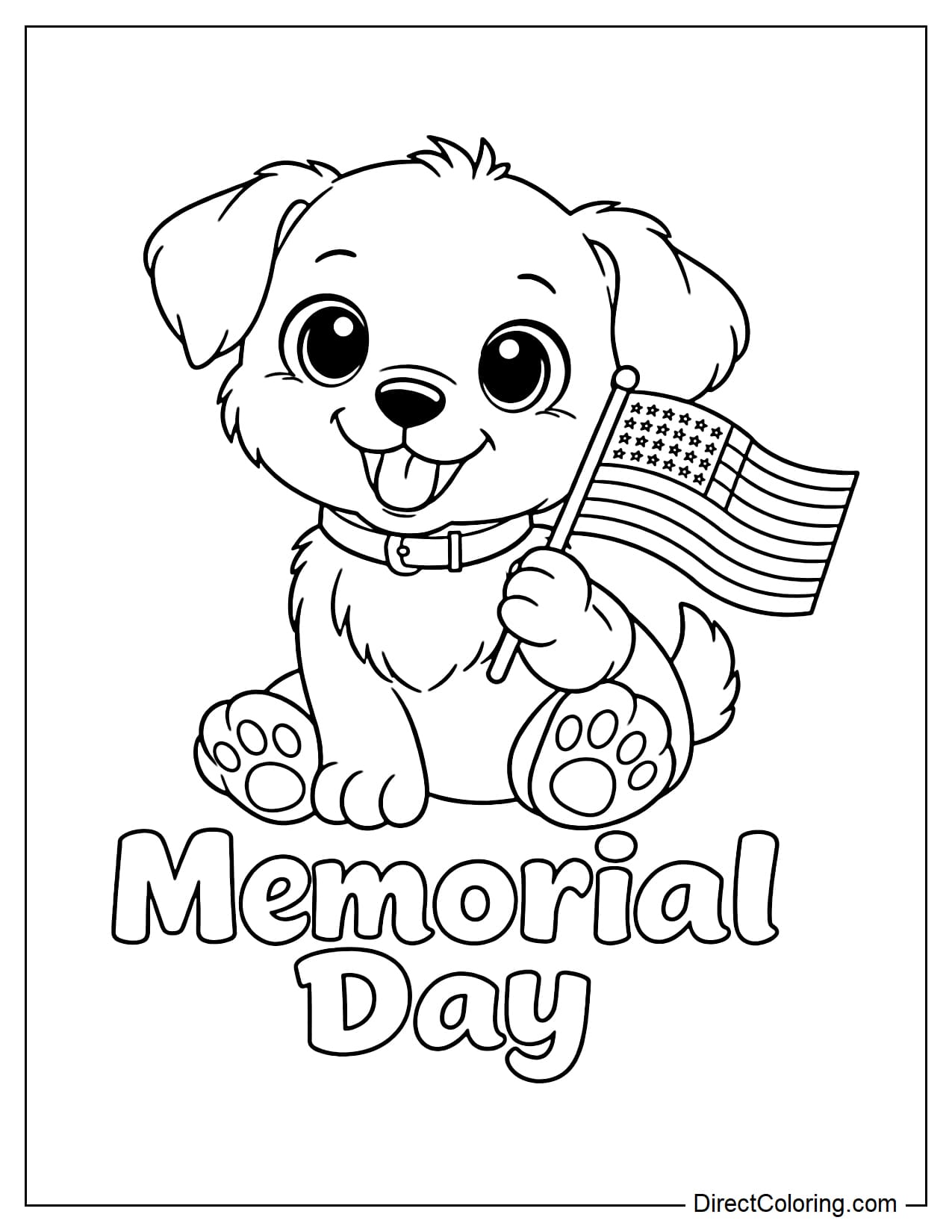 A cute puppy holding a small American flag in its mouth, striking a friendly and adorable pose, with the words 