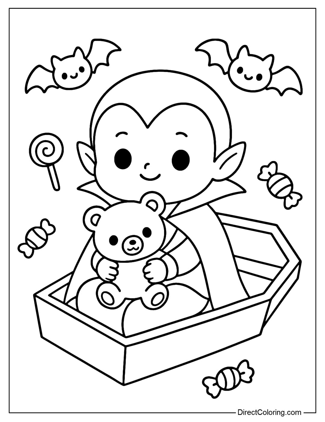 Cute Baby Vampire Coloring Page Coloring page of a baby vampire sitting in a small coffin, holding a cute teddy bear, surrounded by candy and chibi bats.