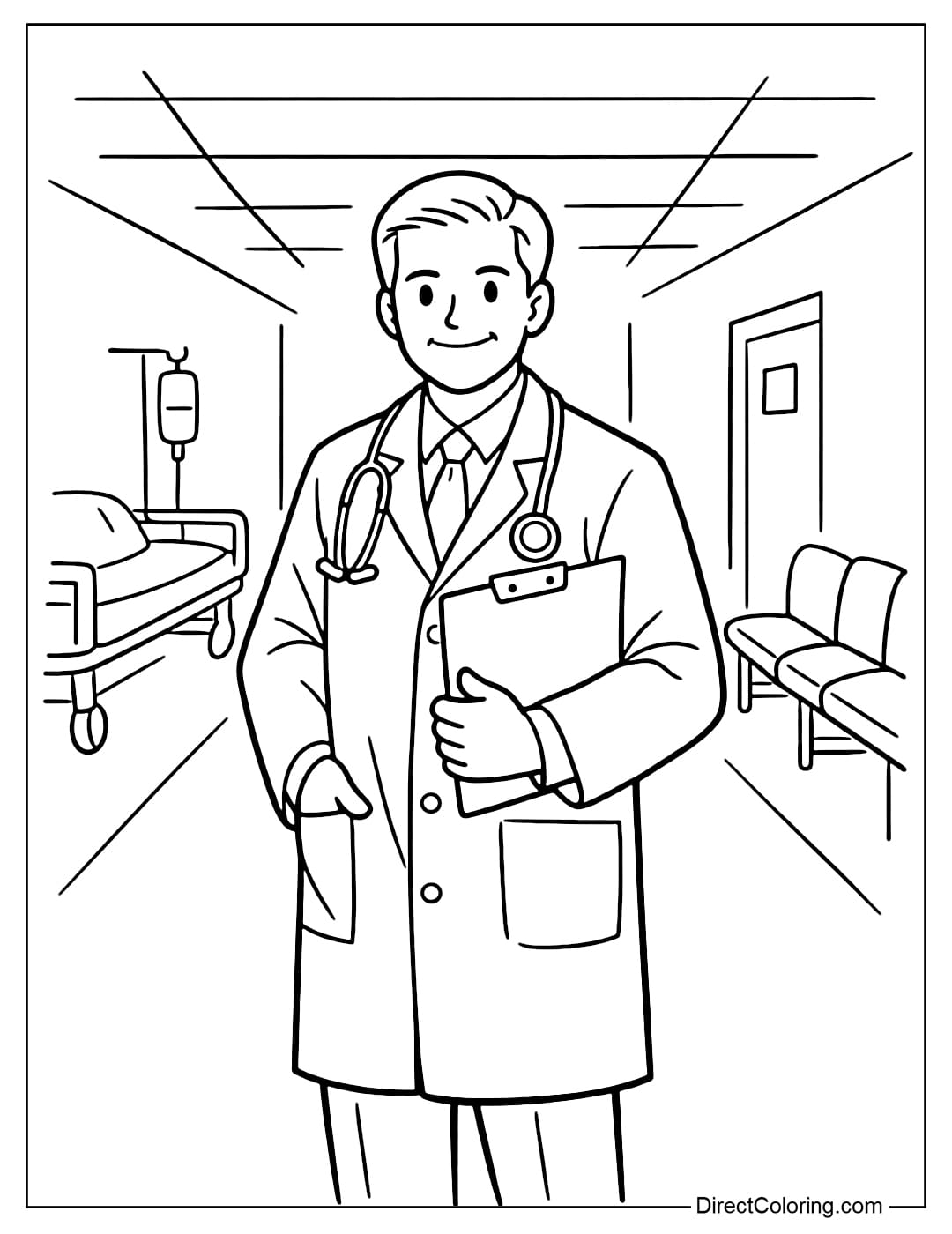 A coloring page of a doctor standing in a simple hospital hallway, with only a few lines to suggest the space, without a complex background.