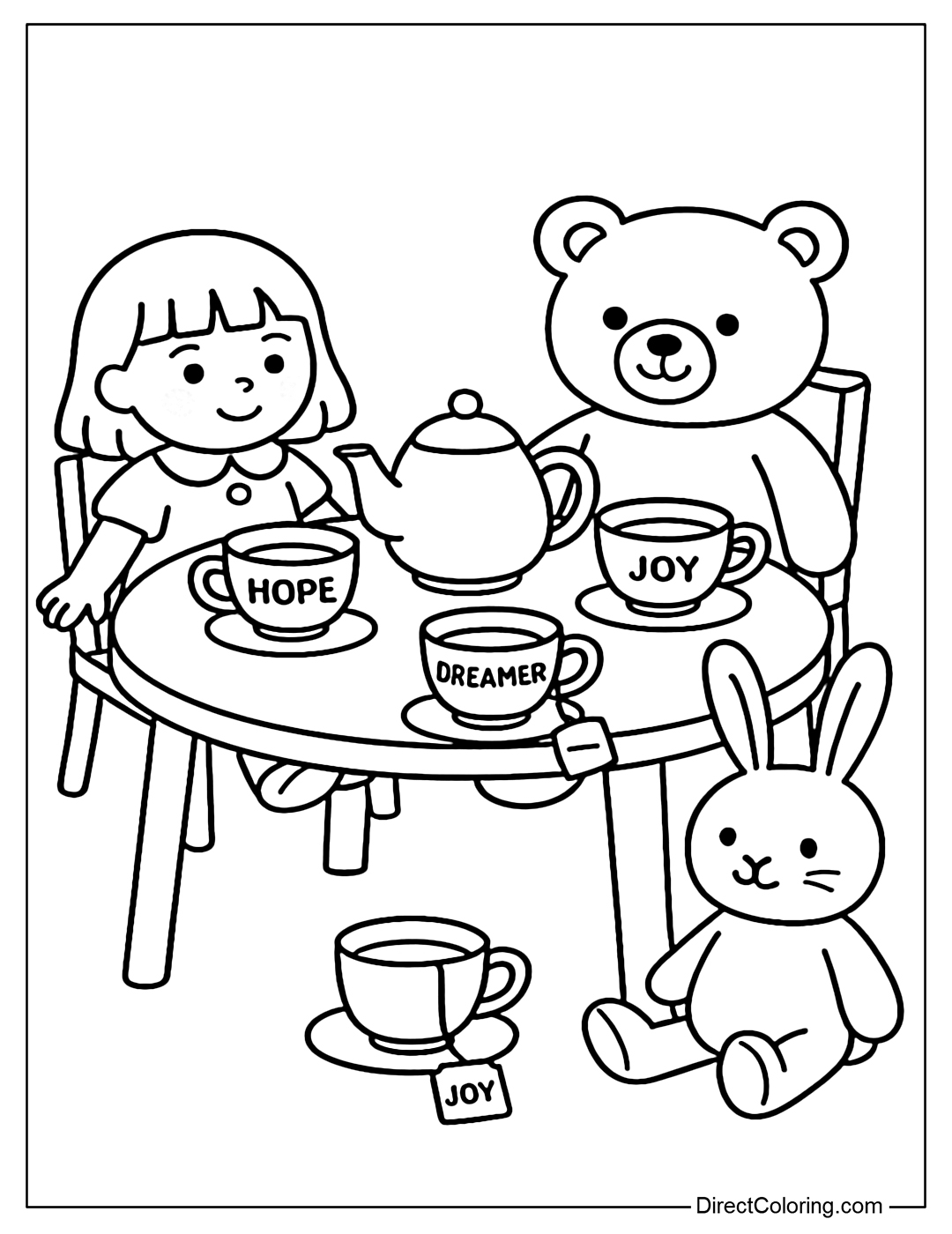 Coloring page of a tea party with dolls, stuffed animals, each cup has a tag that says 