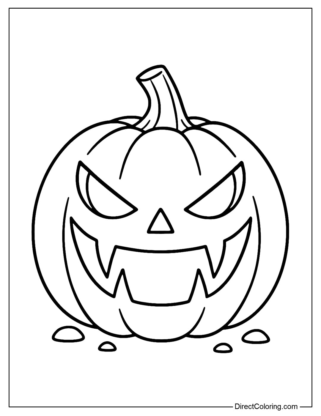 A Jack-o-lantern coloring page with a mouth carved with long fangs, light from inside shining through sharp eyes.