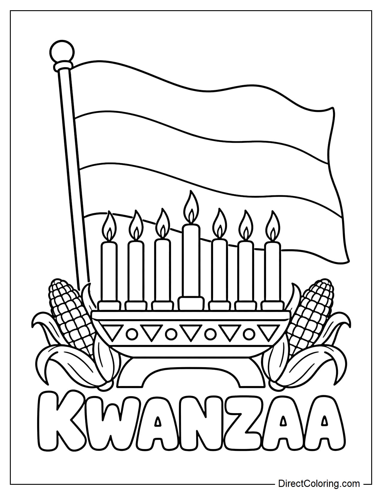 A large waving Pan-African flag stands behind a seven-candle Kinara, with corn on both sides and the word 
