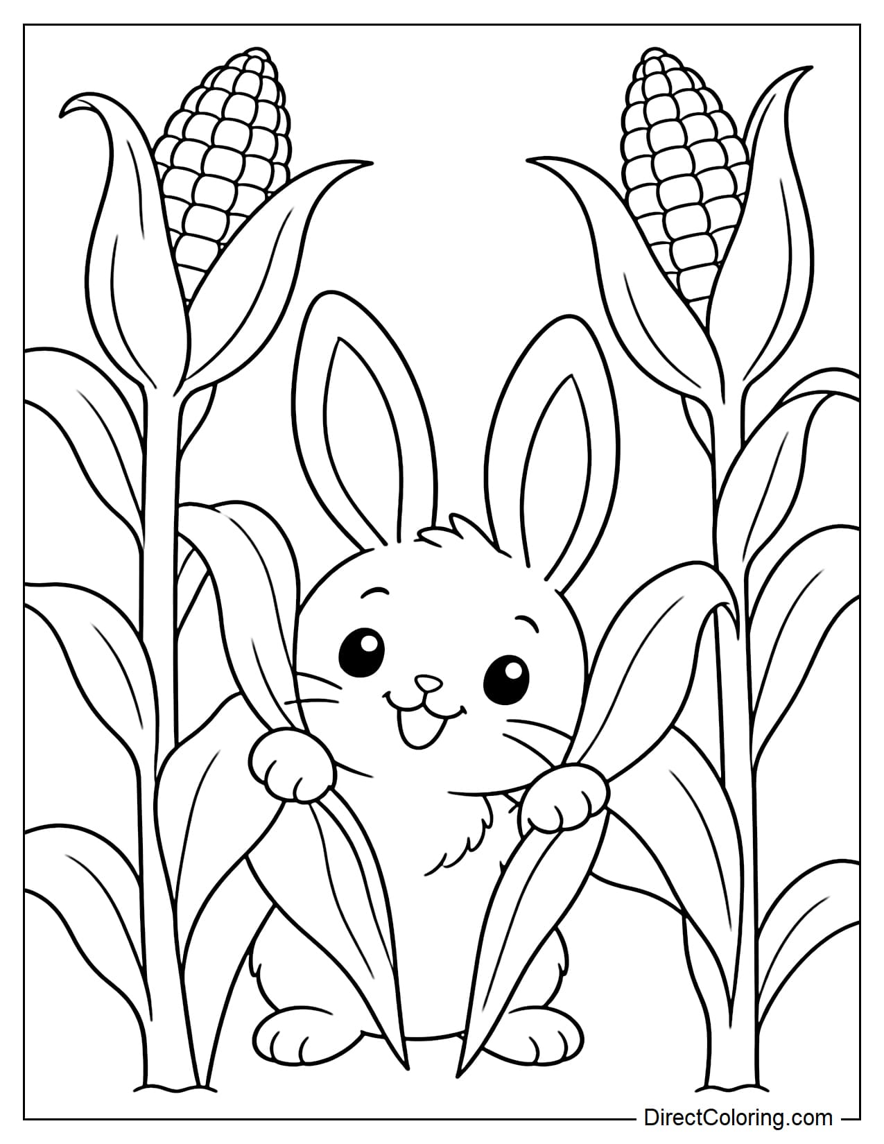 A small cute bunny peeks out between two tall corn stalks, each bearing a large corn cob, while the bunny gently holds the corn leaves apart with its front paws.