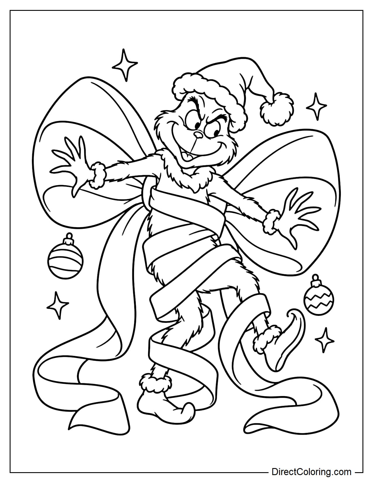 Grinch wears a Santa hat and gets tangled in a giant Christmas bow, with ribbons wrapped around his body. He lifts one foot and stretches out his arms, trying to escape with a funny expression.