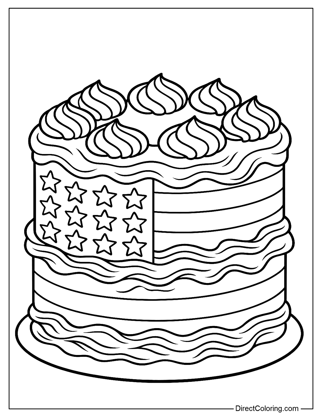 A coloring page of a large American flag-shaped cake with intricate, multi-layered icing.
