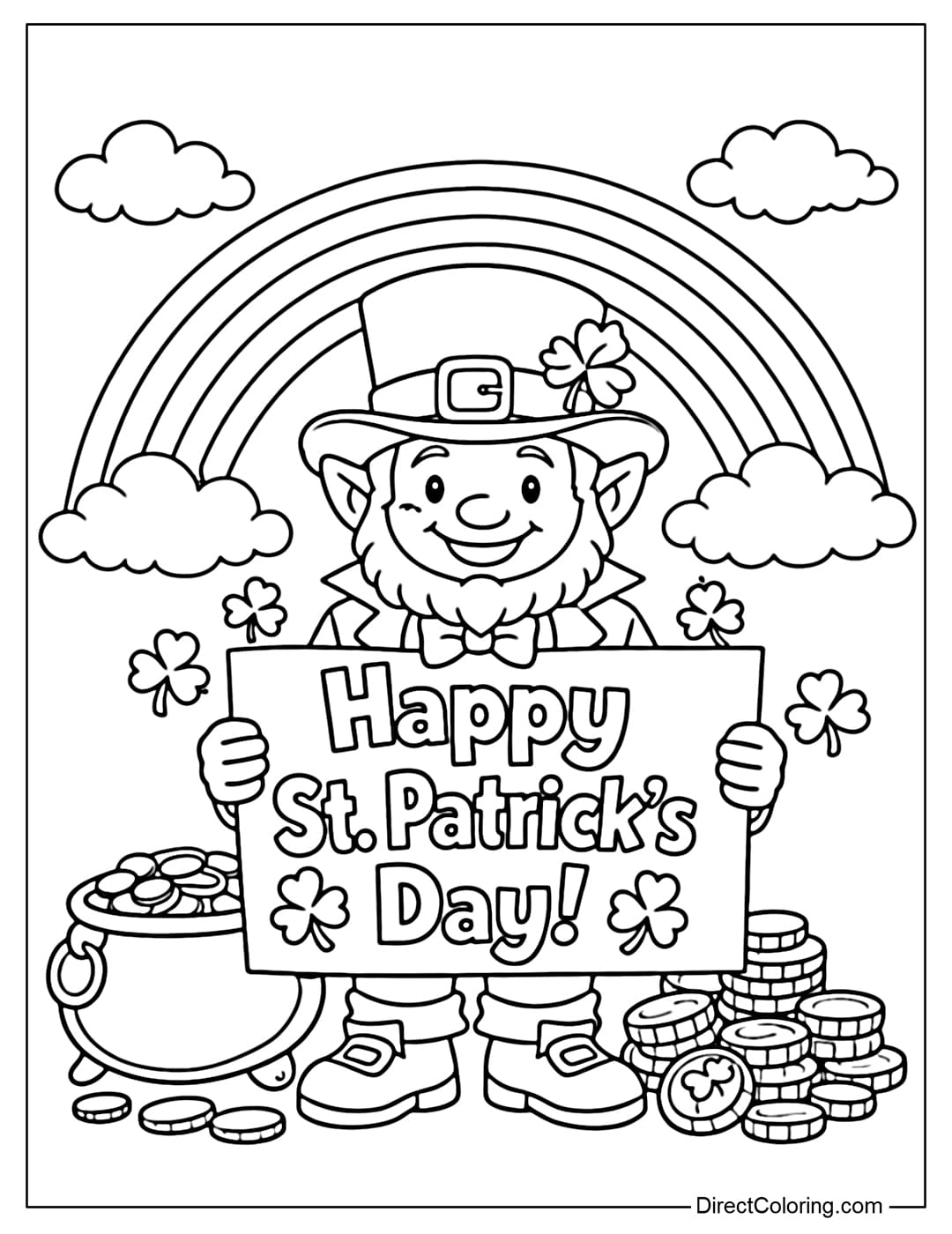 A coloring page of a Leprechaun holding a sign that says 