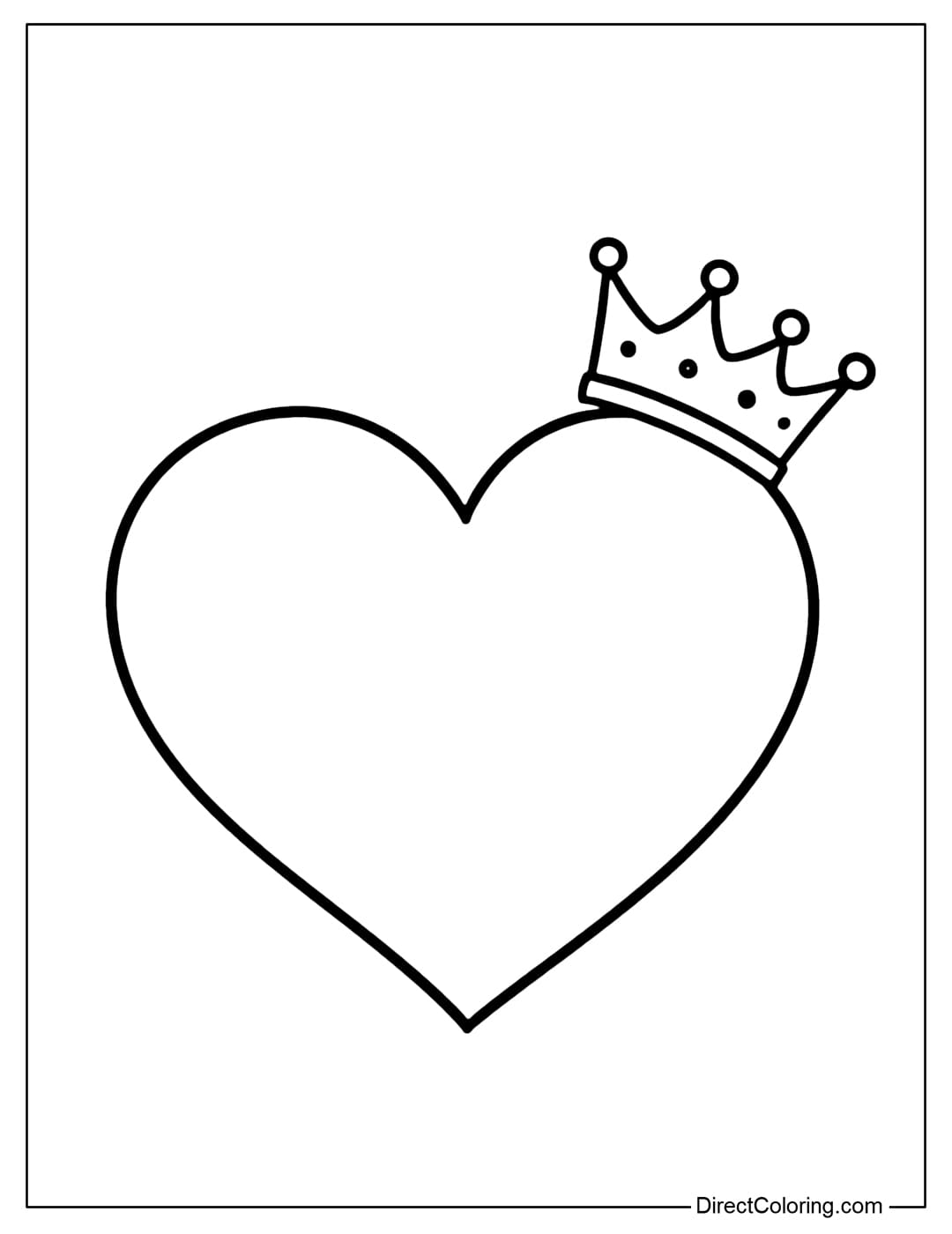 A coloring page with a large heart wearing a small crown on top.