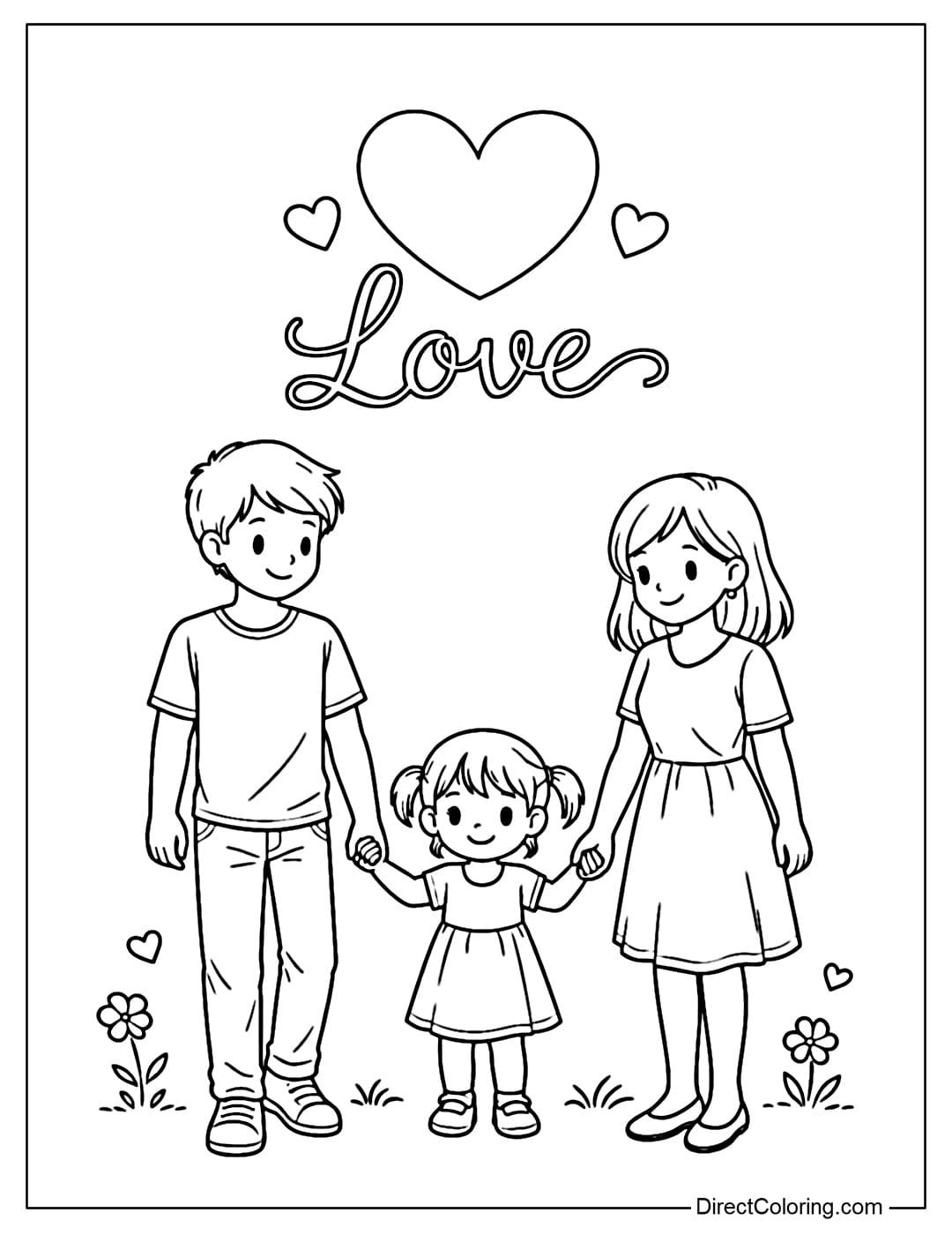 A coloring page of a small family holding hands, with a heart and the word 