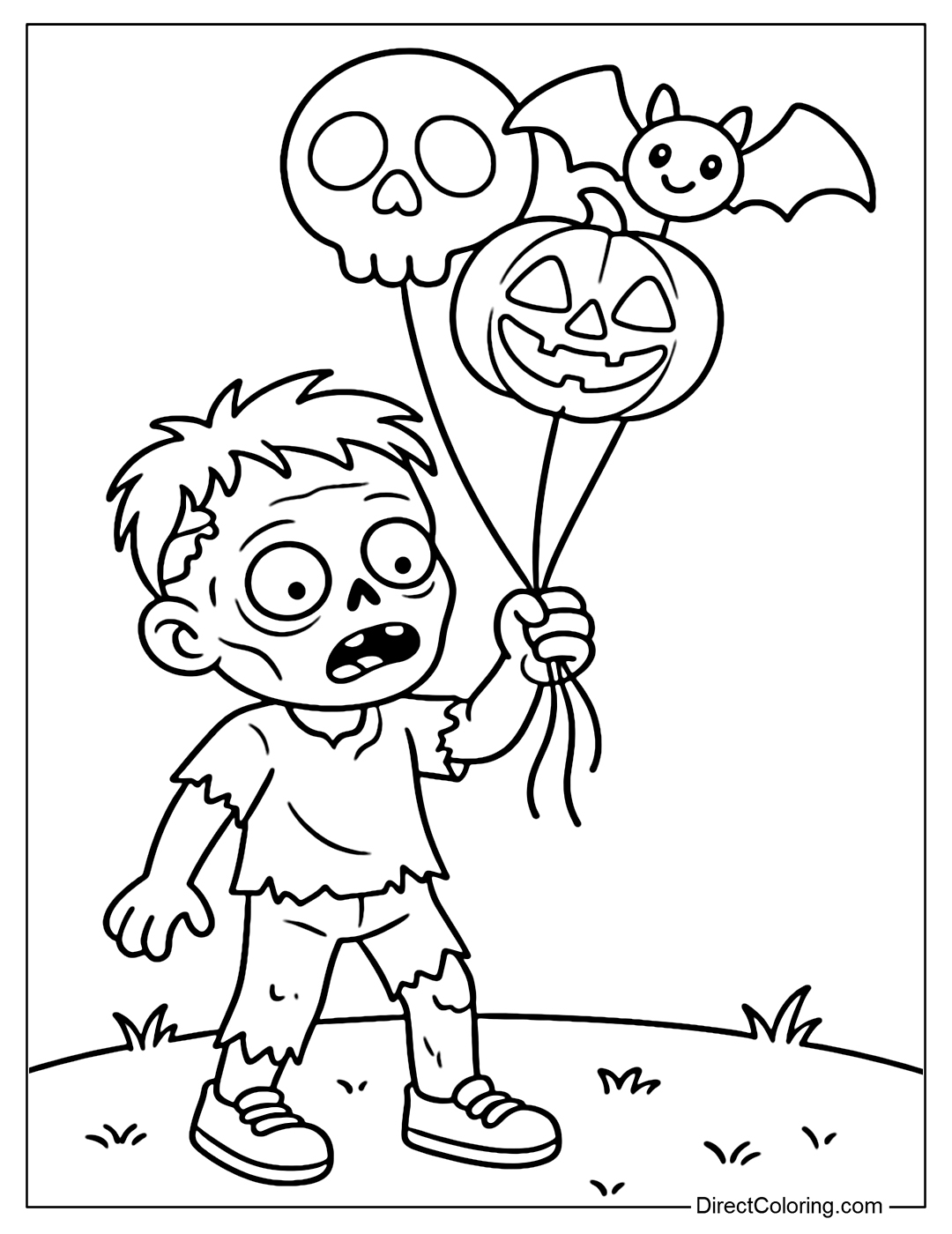 A coloring page of a zombie holding a bunch of balloons with cute skulls, pumpkins, and bats.