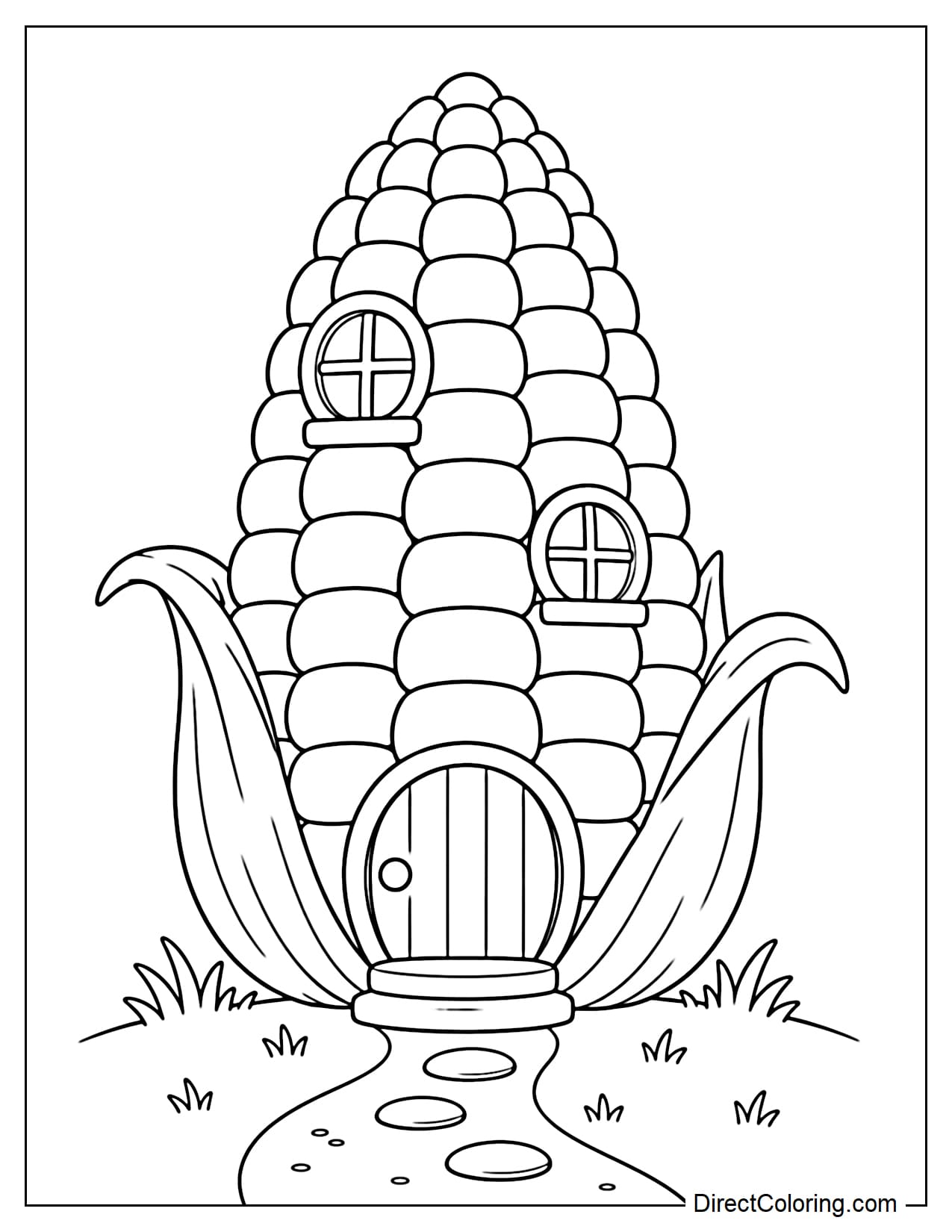 A giant upright corn cob is transformed into a tiny house, with a large round door and two simple windows built into the cob, while the lower husk leaves curve outward like a natural porch roof.