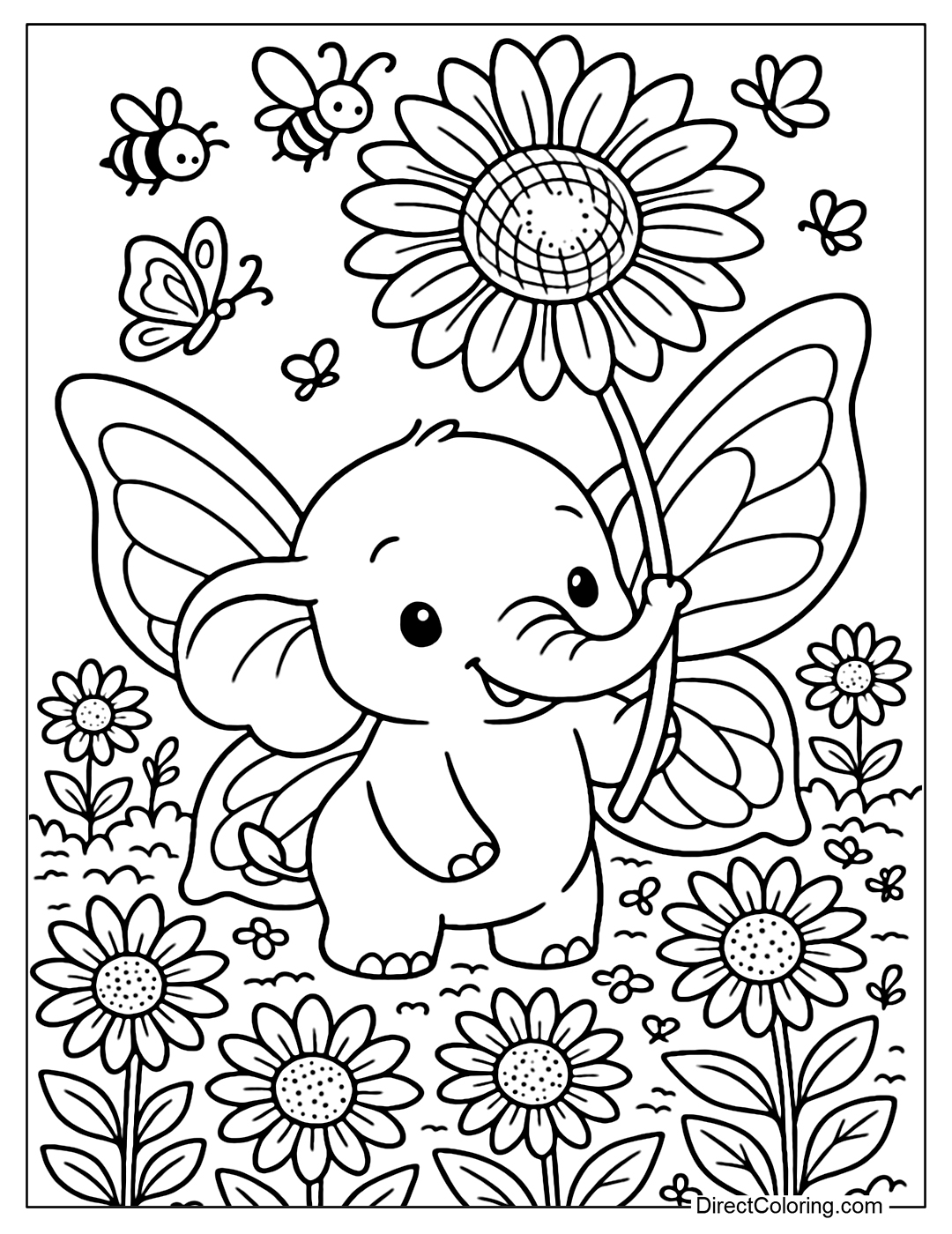 Coloring page of a cute baby elephant with large, soft fairy wings, gently using its trunk to lift a giant sunflower petal as an umbrella to shade the sun.