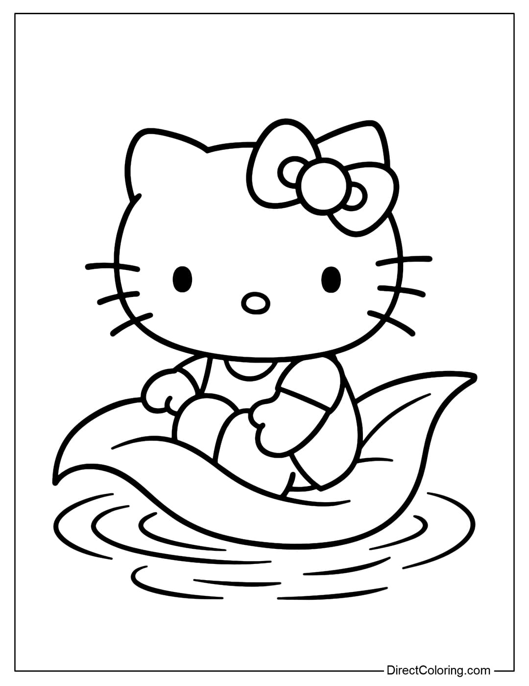 Hello Kitty coloring page sitting on a giant leaf like a boat, floating on the water.
