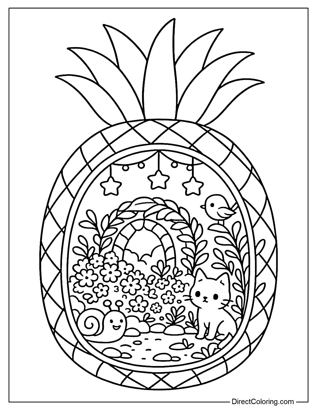 A small world coloring page inside the pineapple: with hanging lights, flower bushes and lovely creatures.