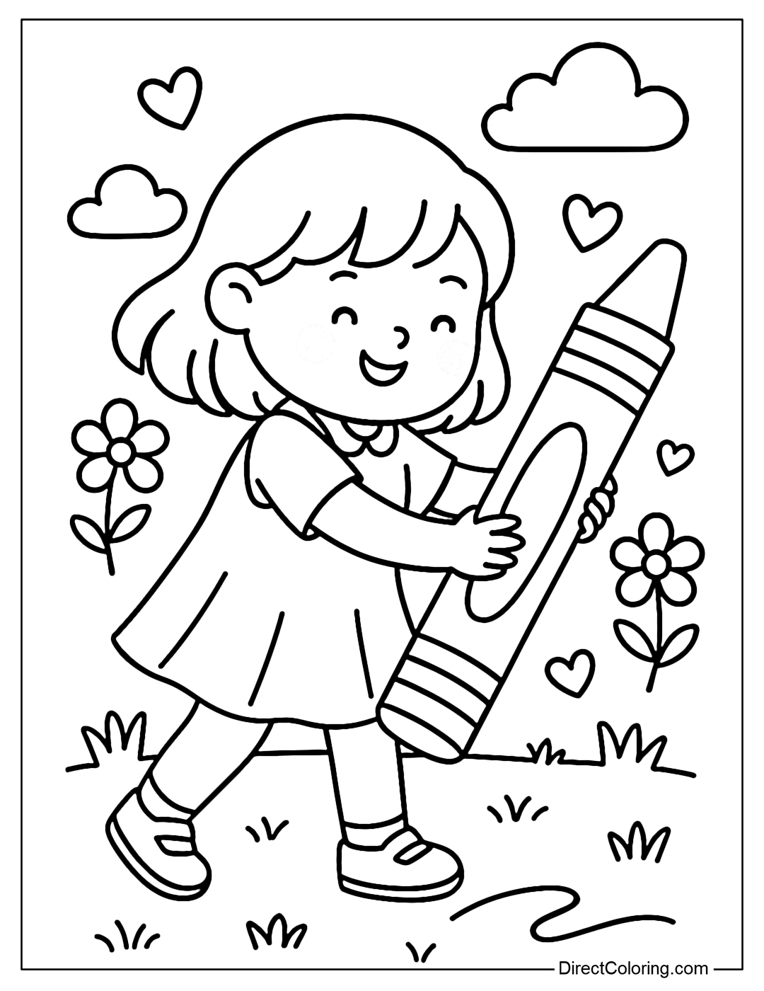 Coloring page of a child holding a large crayon to draw, surrounded by flowers, hearts and clouds.