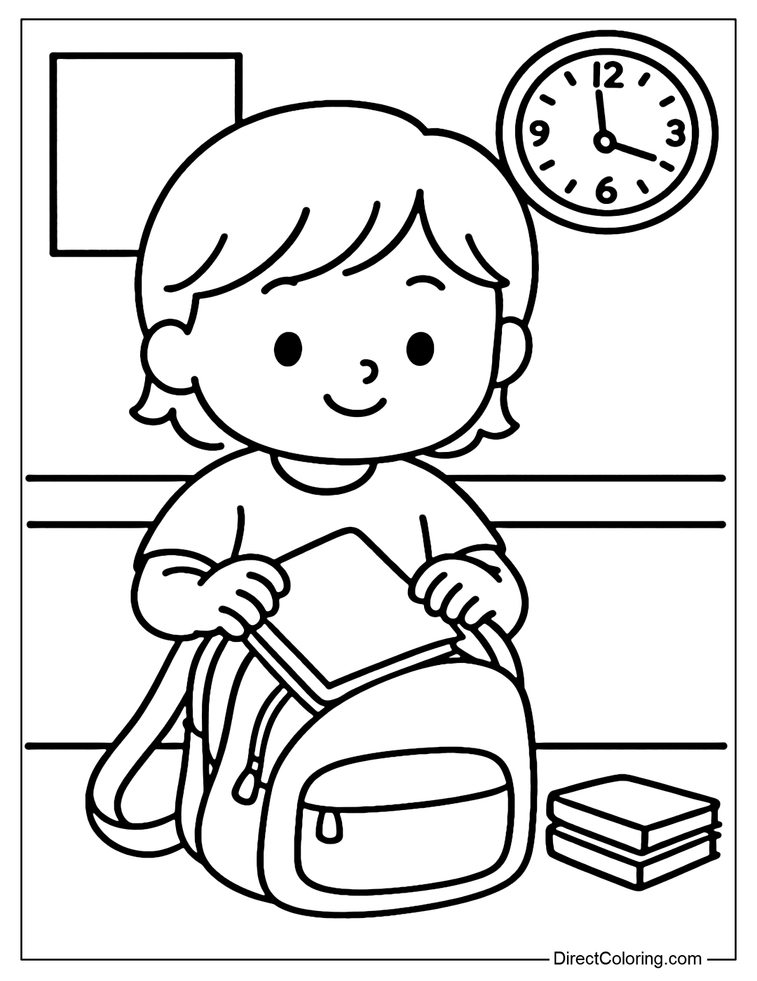 A coloring page of a child packing his books into his backpack when school is about to end, the clock on the wall shows 4 pm.