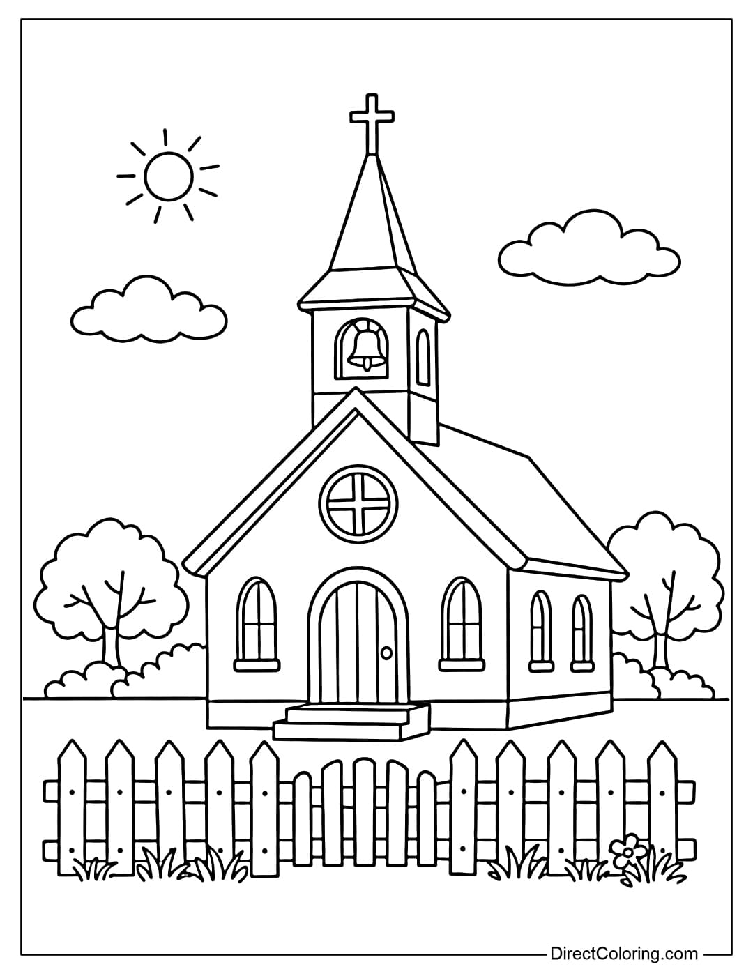 A simple church coloring page with a small fence in front.