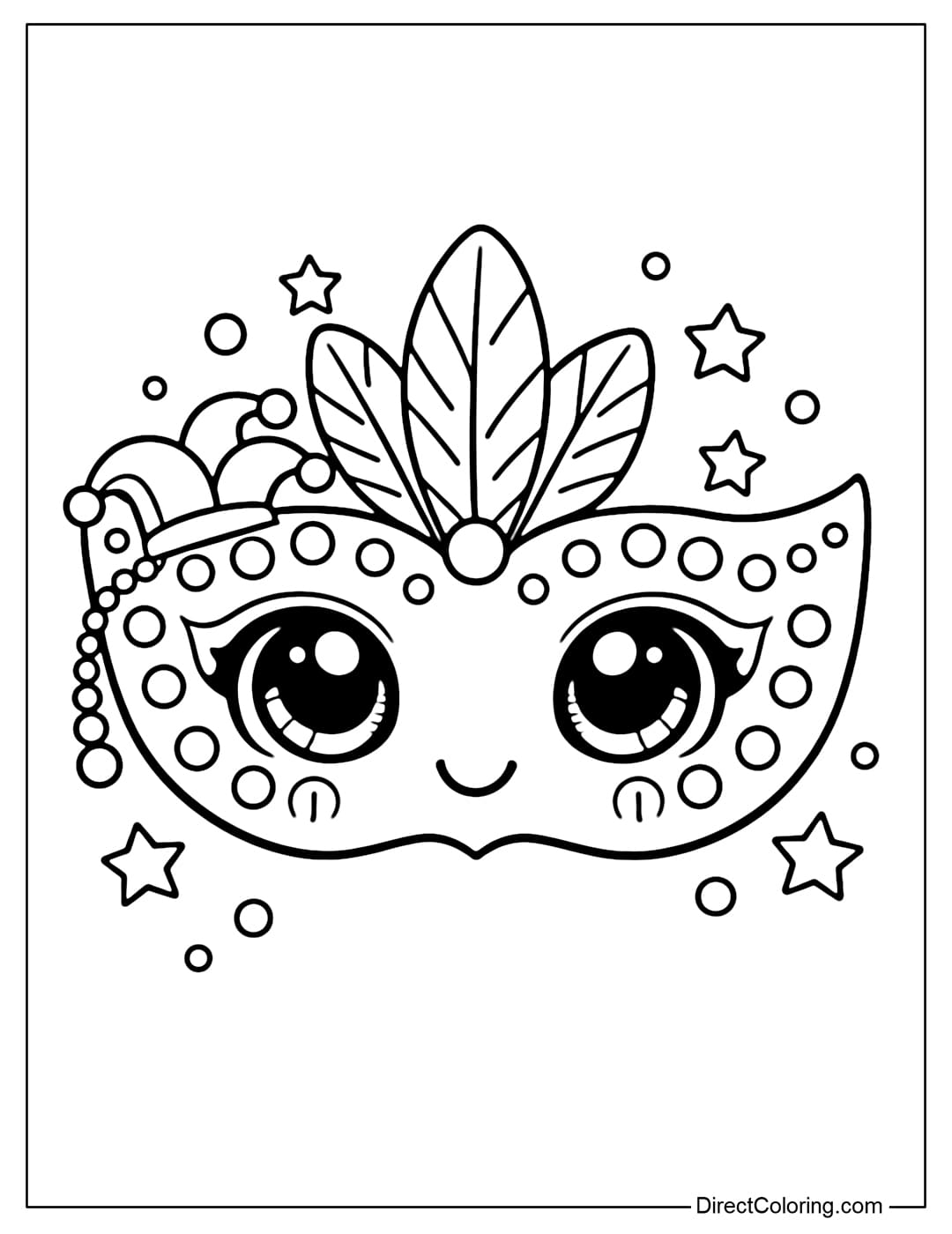 A coloring page of a cute Mardi Gras mask with big round eyes and a gentle smile, decorated with small dots and stars.