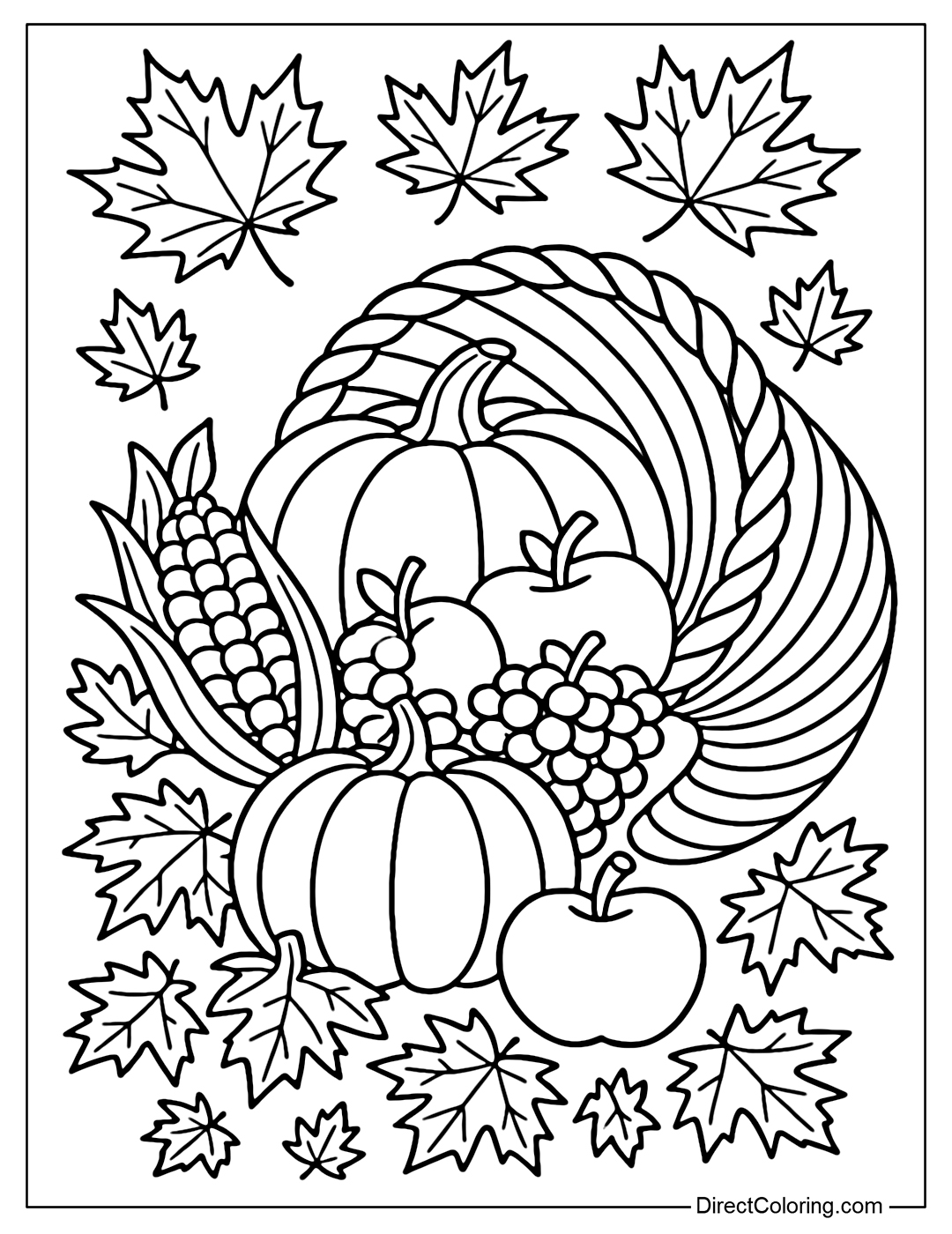 A cornucopia coloring page with pumpkins, corn, apples, grapes; maple leaf border.
