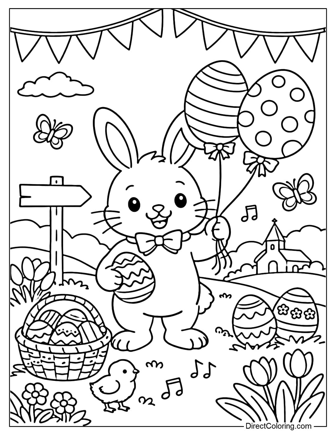 An Easter bunny coloring page holding egg-shaped balloons in a festive setting.